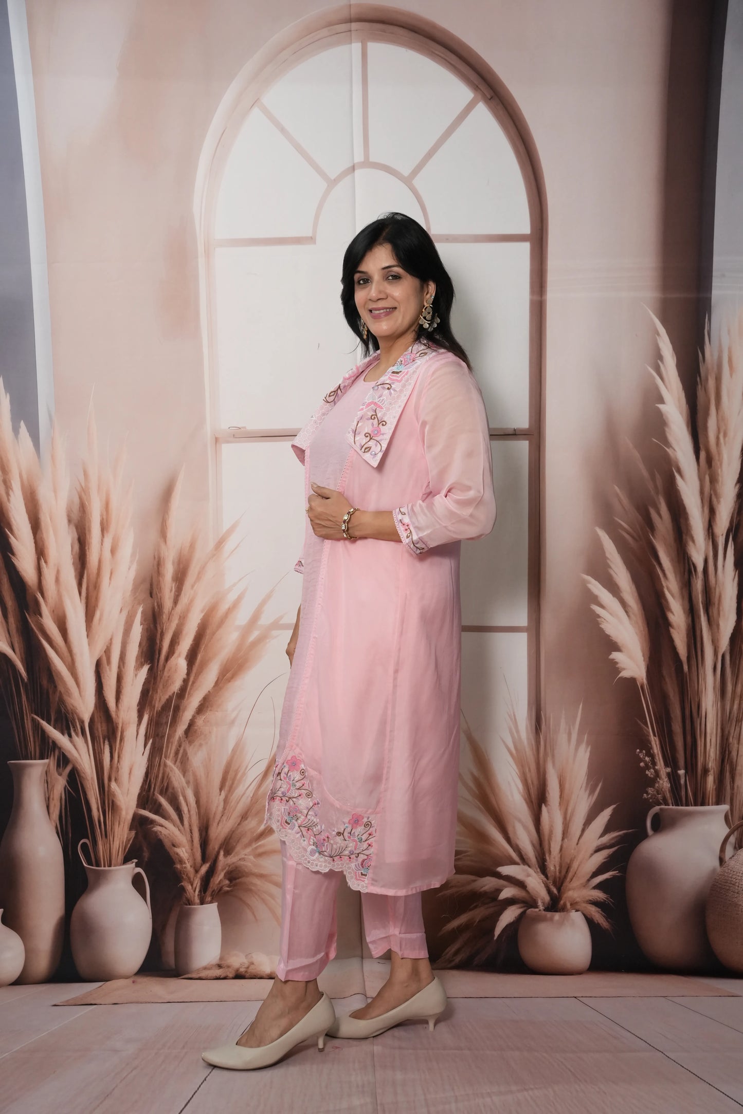 Baby Pink Soft Silk & Organza Kurta Pant Set with Shrug | Sequins & Thread Cut Work