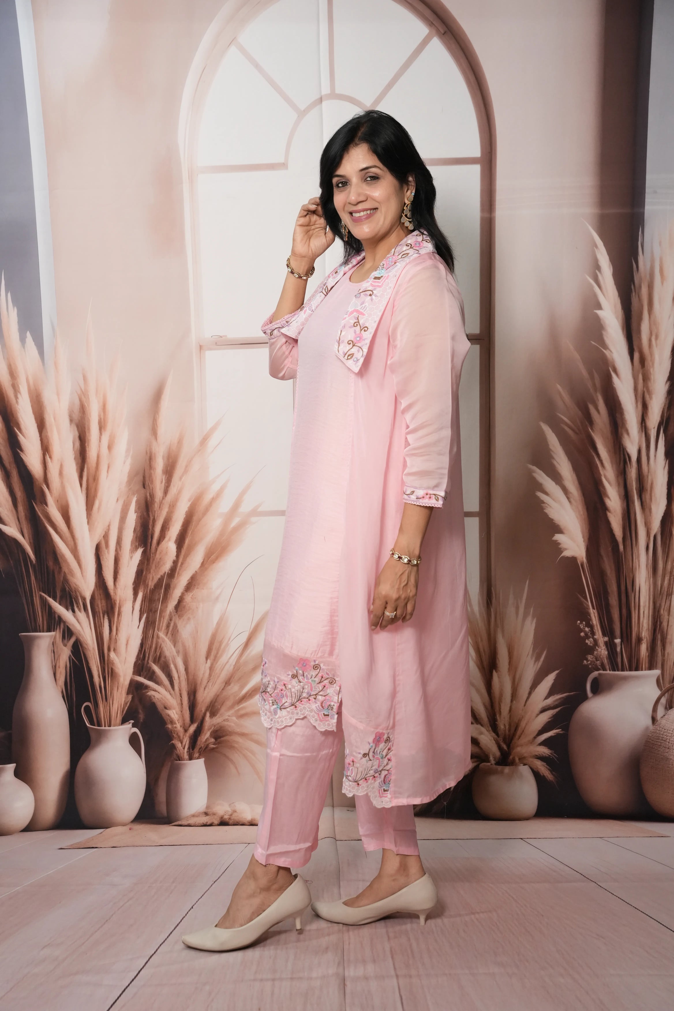Baby Pink Soft Silk & Chiffon Kurta Pant Set with Shrug | Sequins & Thread Cut Work