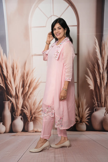 Baby Pink Soft Silk & Organza Kurta Pant Set with Shrug | Sequins & Thread Cut Work