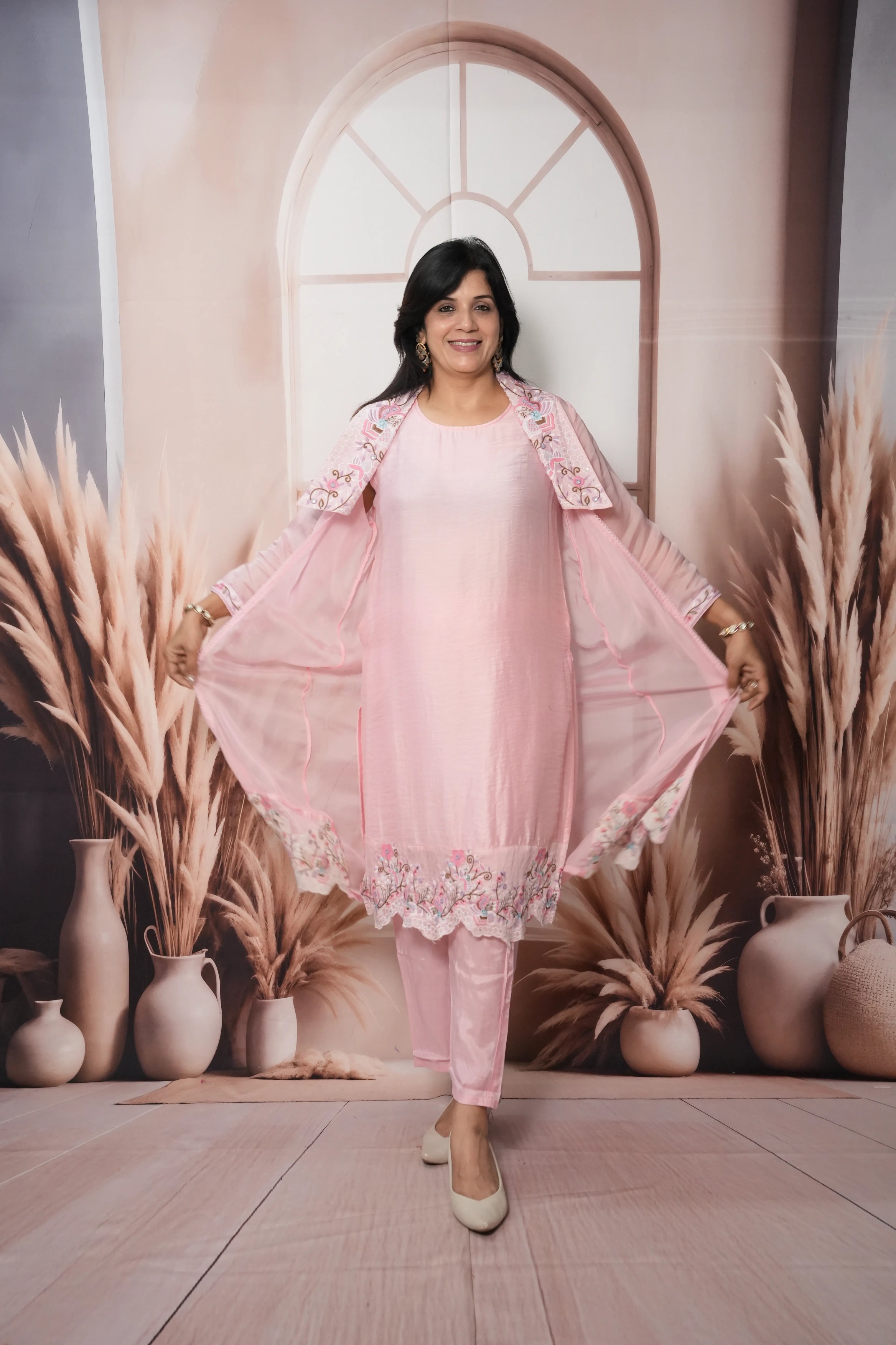 Baby Pink Soft Silk & Chiffon Kurta Pant Set with Shrug | Sequins & Thread Cut Work