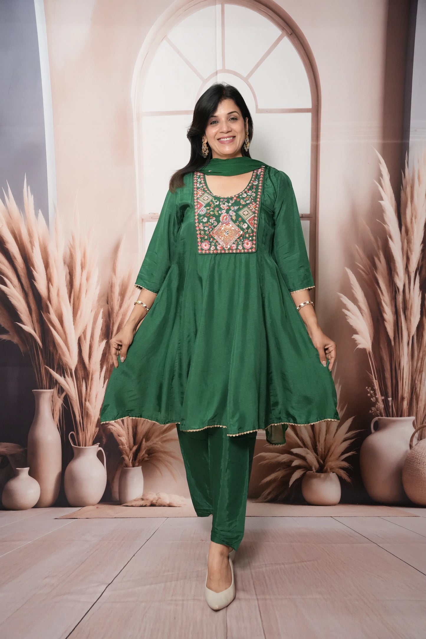 Dark Green Soft Silk Knee-Length A-Line Kurta Dupatta Set | Pearl & Thread Embroidery