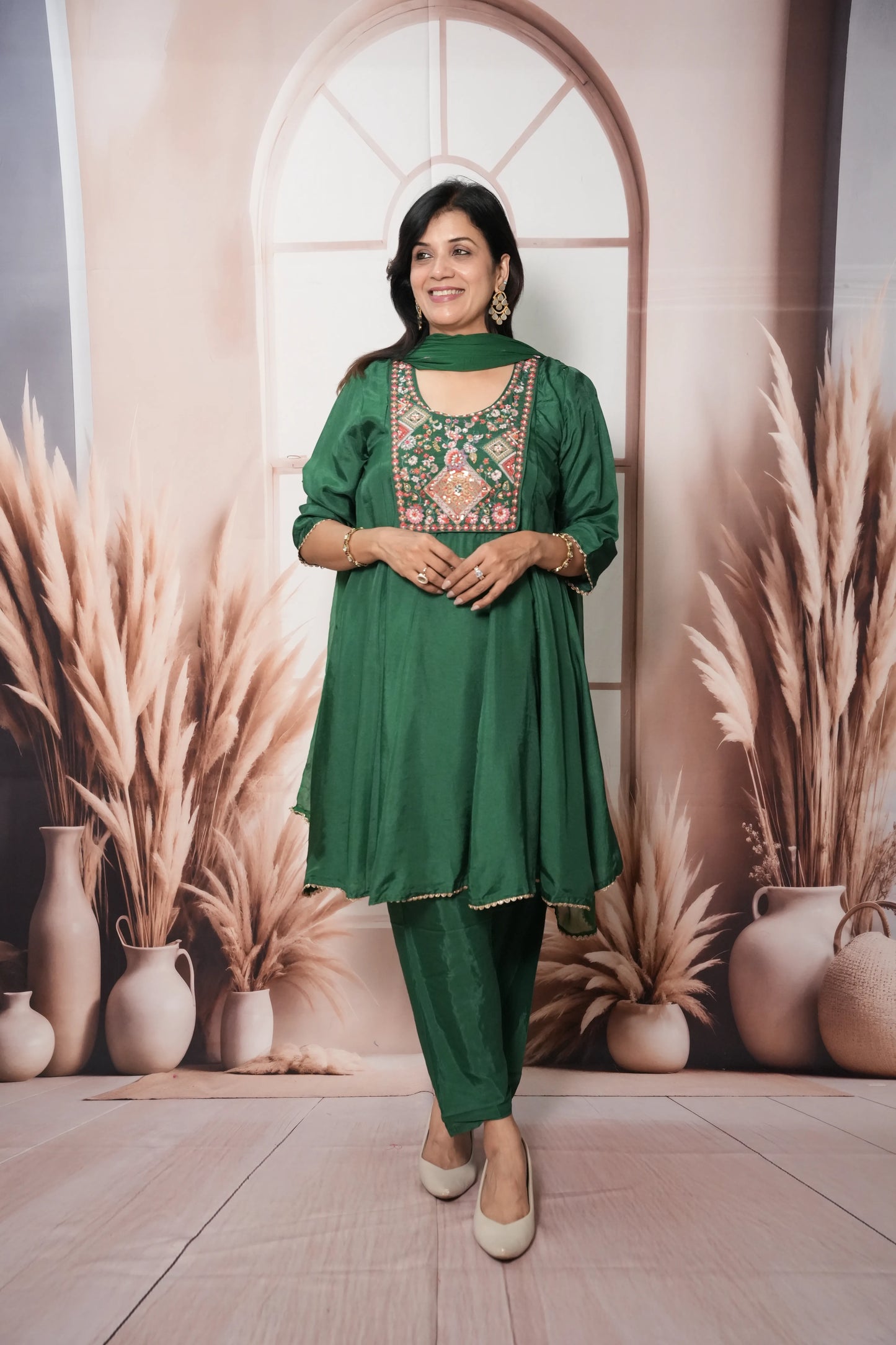 Dark Green Soft Silk Knee-Length A-Line Kurta Dupatta Set | Pearl & Thread Embroidery