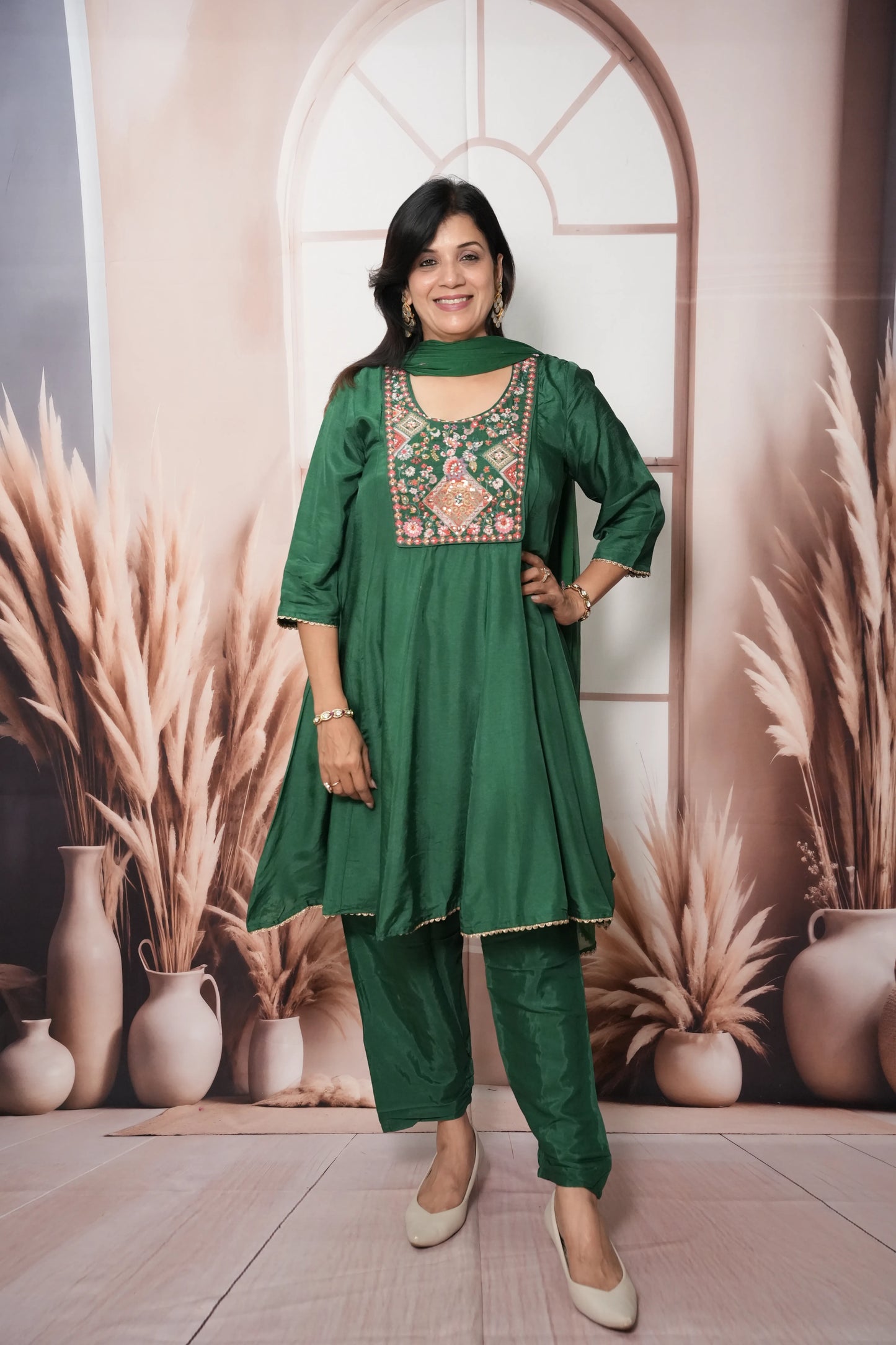 Dark Green Soft Silk Knee-Length A-Line Kurta Dupatta Set | Pearl & Thread Embroidery