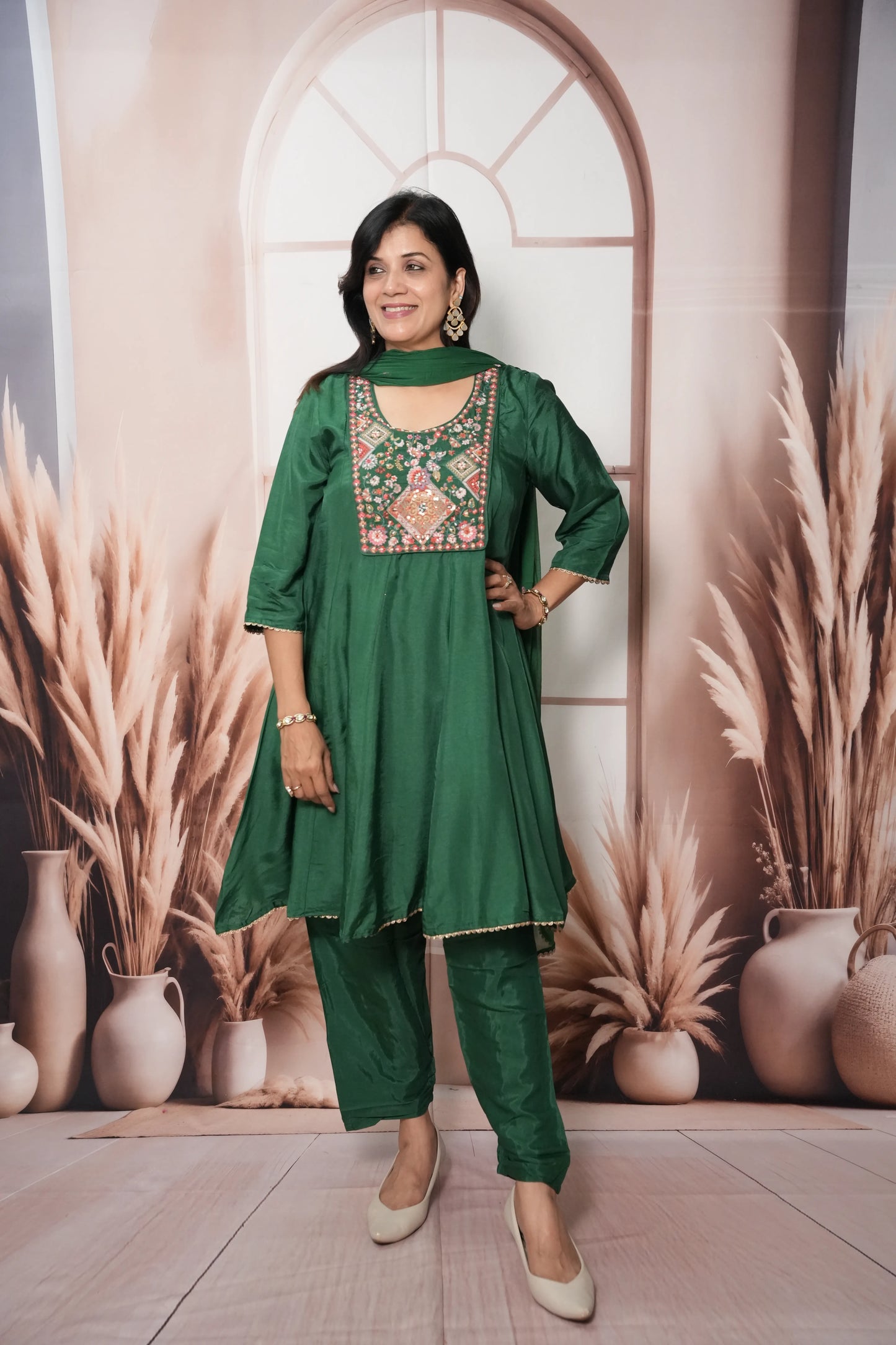 Dark Green Soft Silk Knee-Length A-Line Kurta Dupatta Set | Pearl & Thread Embroidery