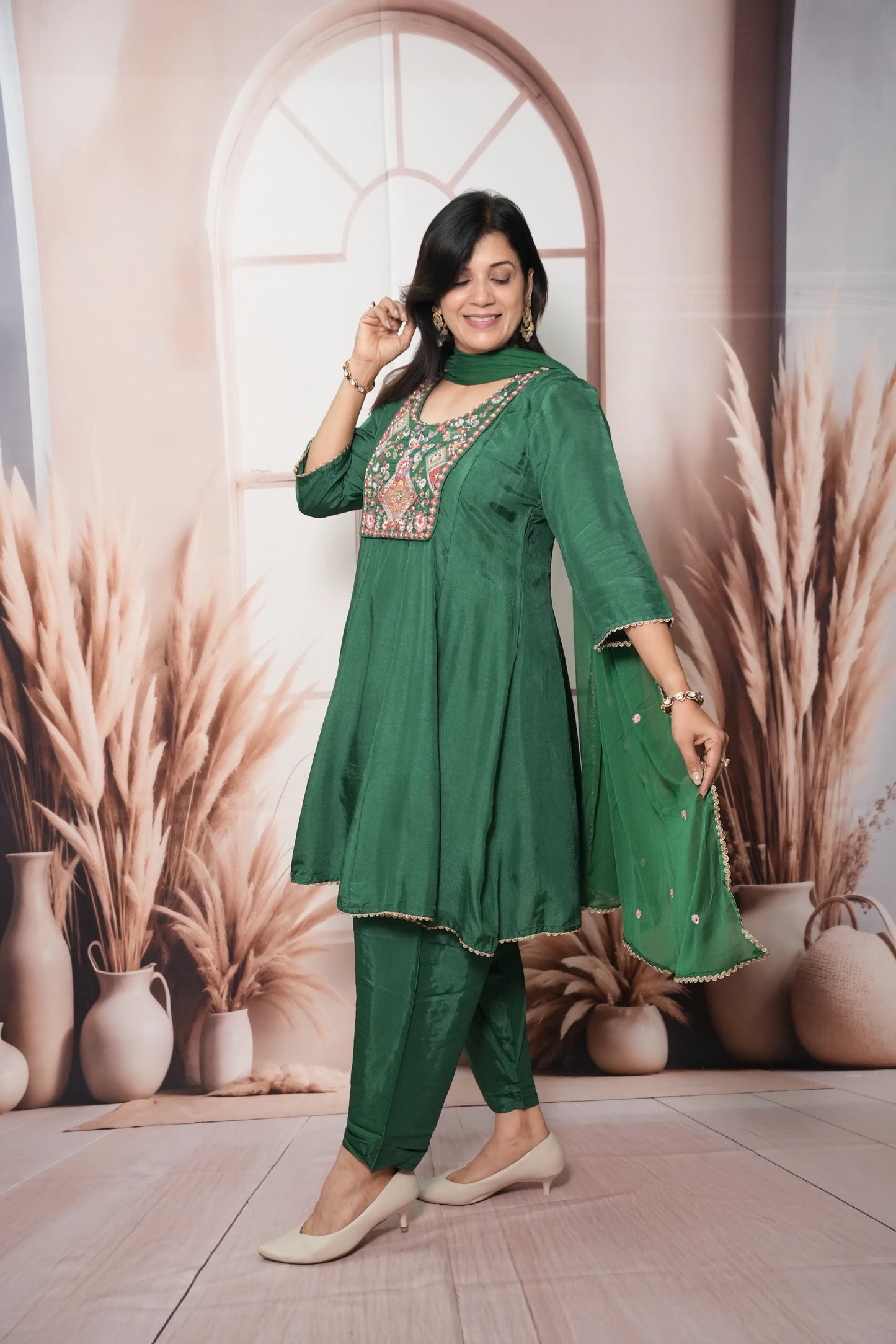 Dark Green Soft Silk Knee-Length A-Line Kurta Dupatta Set | Pearl & Thread Embroidery