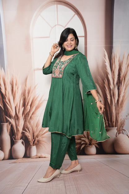 Dark Green Soft Silk Knee-Length A-Line Kurta Dupatta Set | Pearl & Thread Embroidery