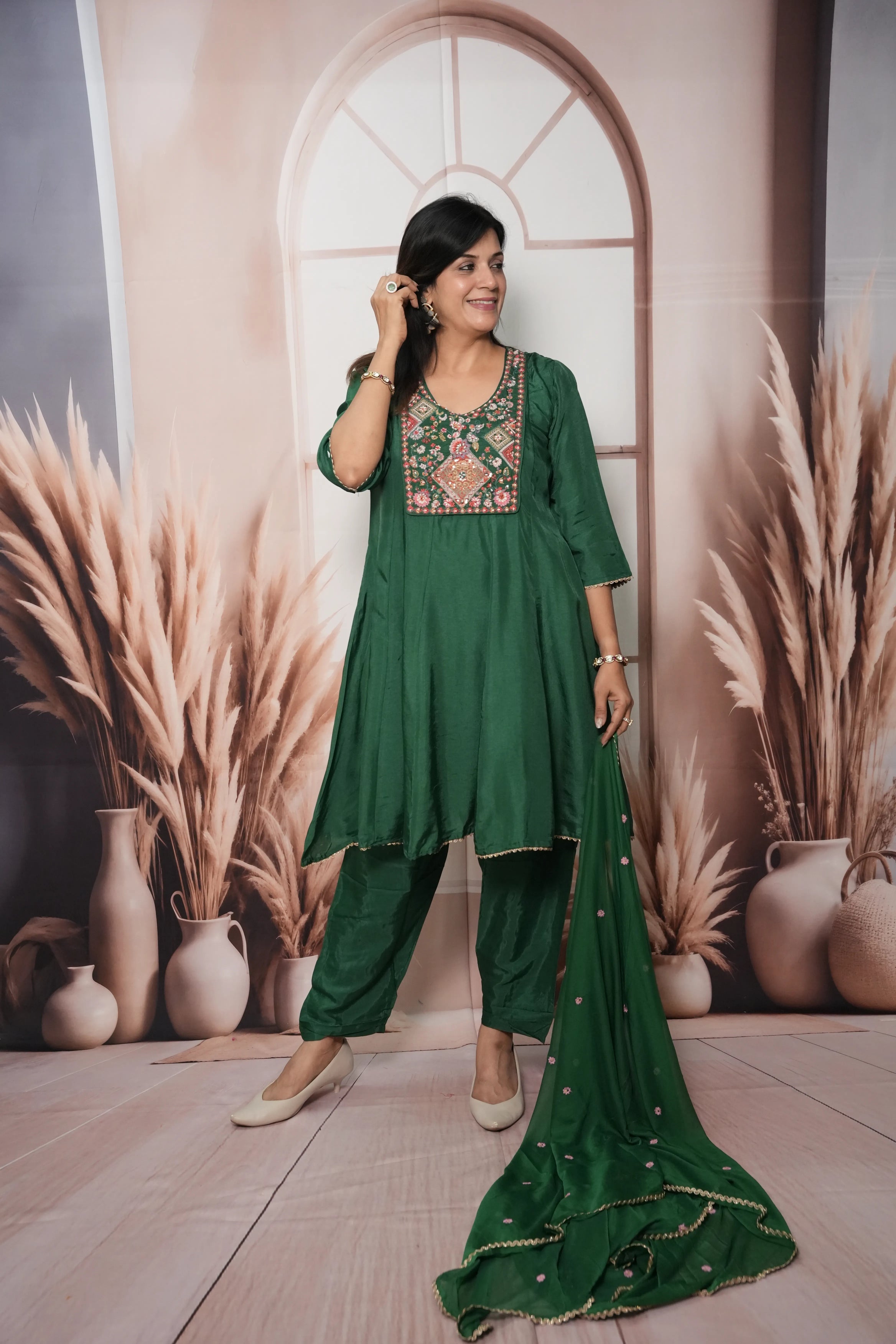 Dark Green Soft Silk Choga Set A-Line Kurta Dupatta | Pearl & Thread Embroidery