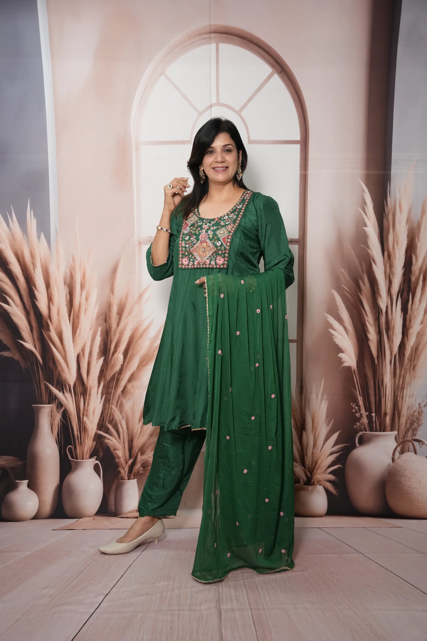 Dark Green Soft Silk Knee-Length A-Line Kurta Dupatta Set | Pearl & Thread Embroidery
