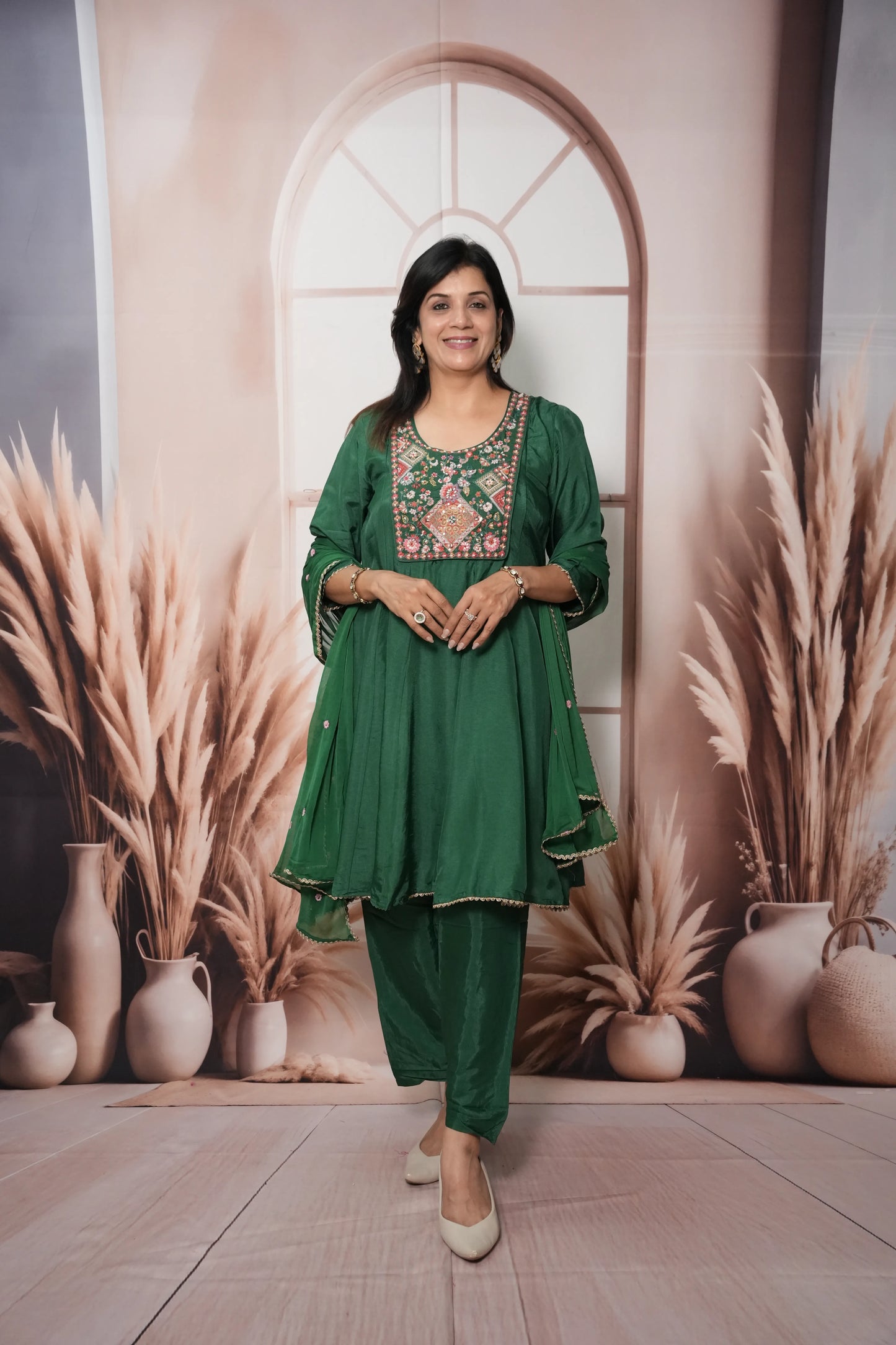 Dark Green Soft Silk Knee-Length A-Line Kurta Dupatta Set | Pearl & Thread Embroidery