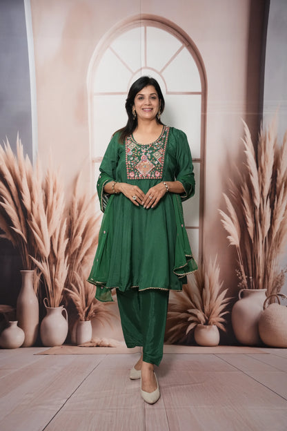 Dark Green Soft Silk Knee-Length A-Line Kurta Dupatta Set | Pearl & Thread Embroidery