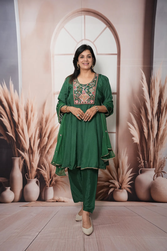 Dark Green Soft Silk Knee-Length A-Line Kurta Dupatta Set | Pearl & Thread Embroidery