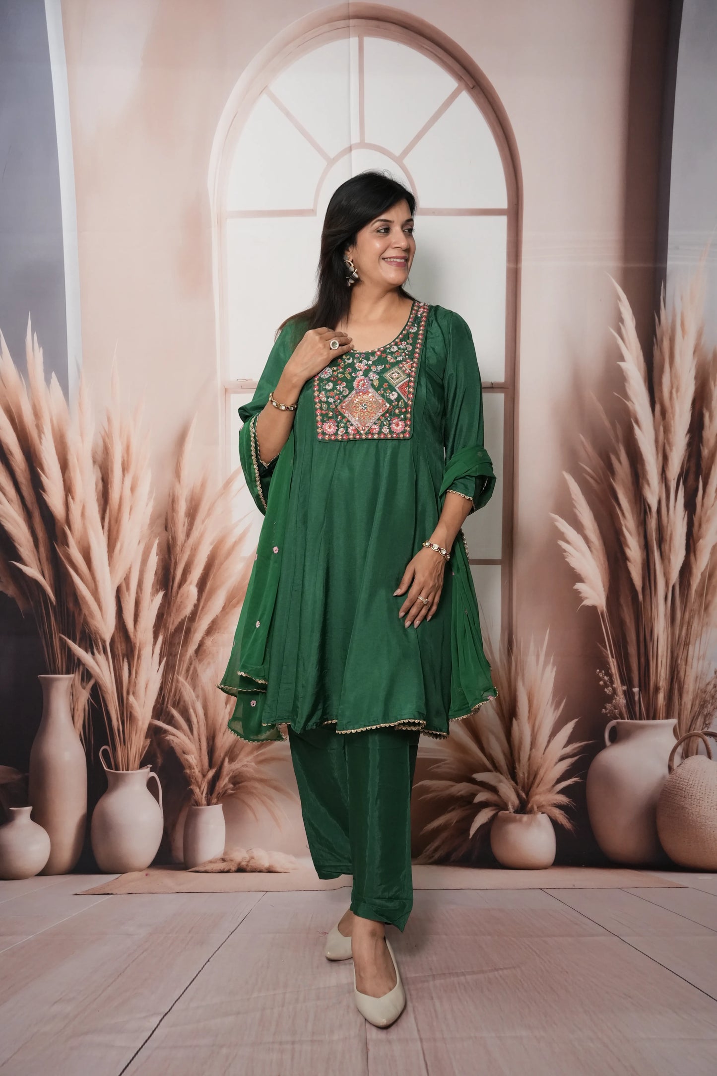 Dark Green Soft Silk Knee-Length A-Line Kurta Dupatta Set | Pearl & Thread Embroidery