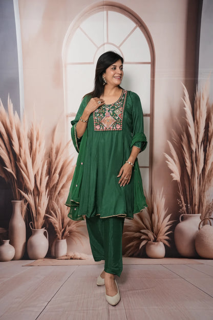 Dark Green Soft Silk Knee-Length A-Line Kurta Dupatta Set | Pearl & Thread Embroidery