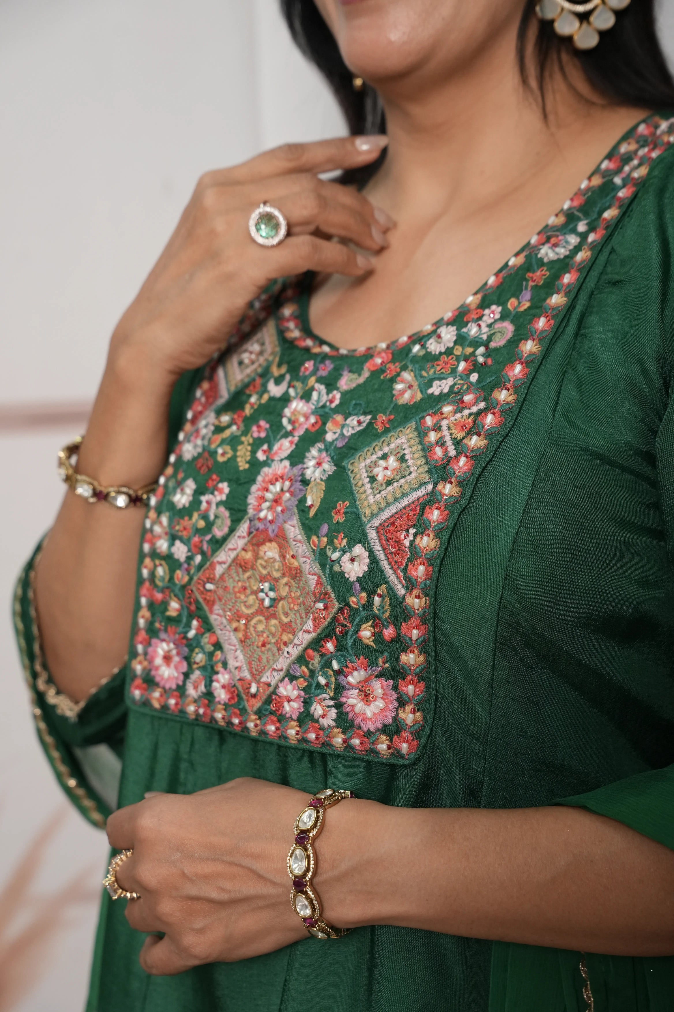 Dark Green Soft Silk Choga Set A-Line Kurta Dupatta | Pearl & Thread Embroidery