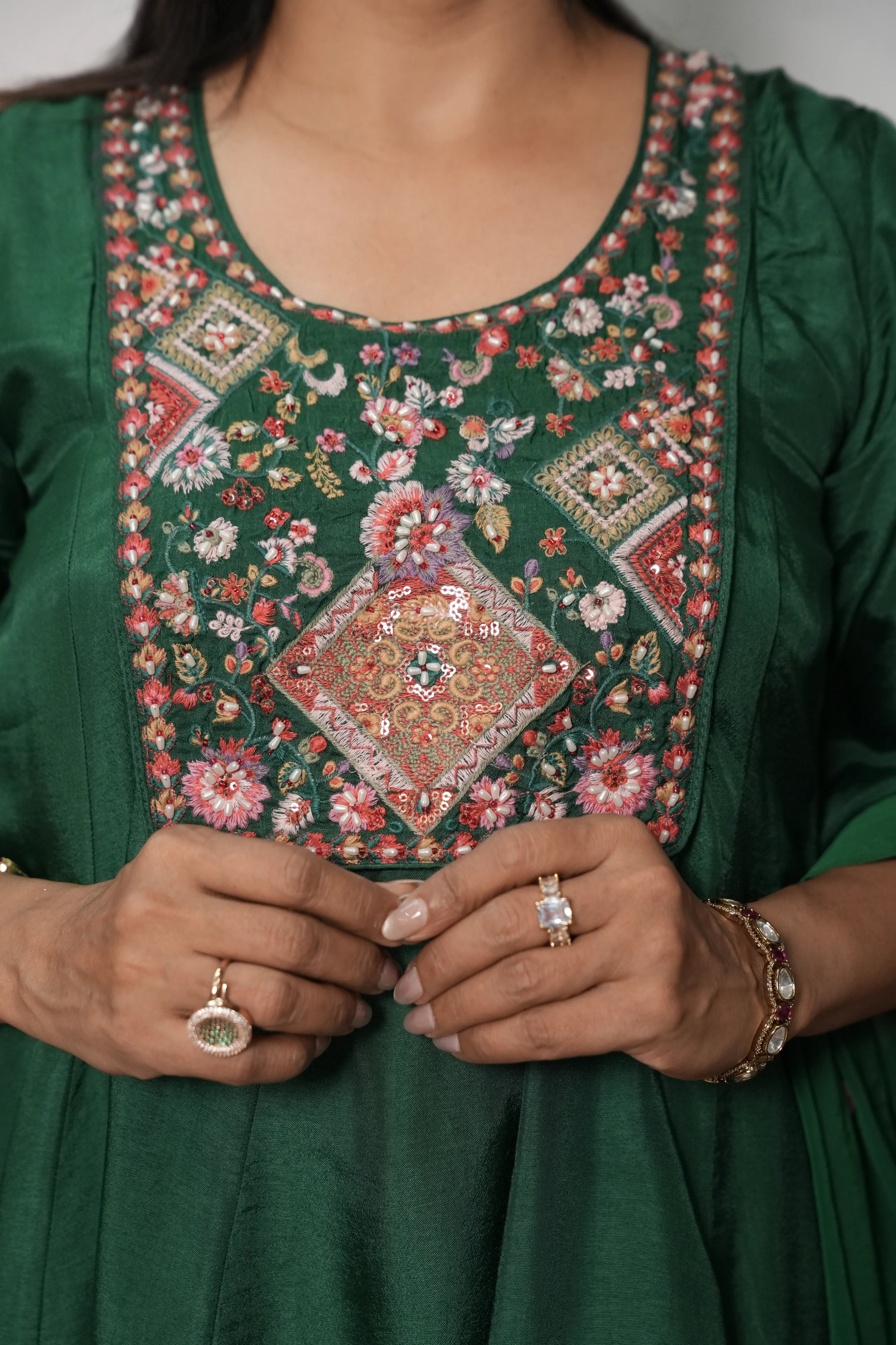 Dark Green Soft Silk Choga Set A-Line Kurta Dupatta | Pearl & Thread Embroidery