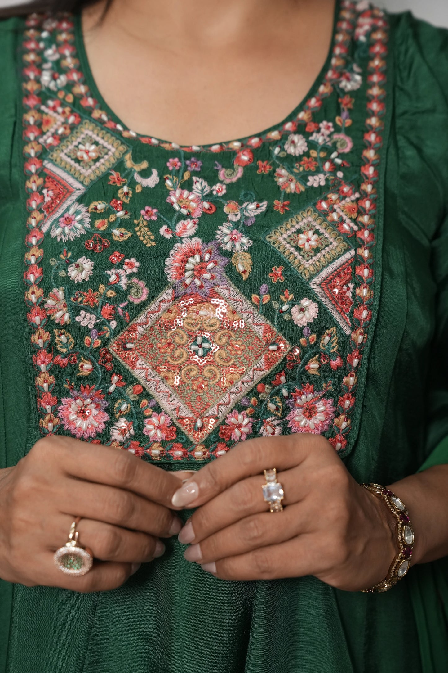 Dark Green Soft Silk Knee-Length A-Line Kurta Dupatta Set | Pearl & Thread Embroidery