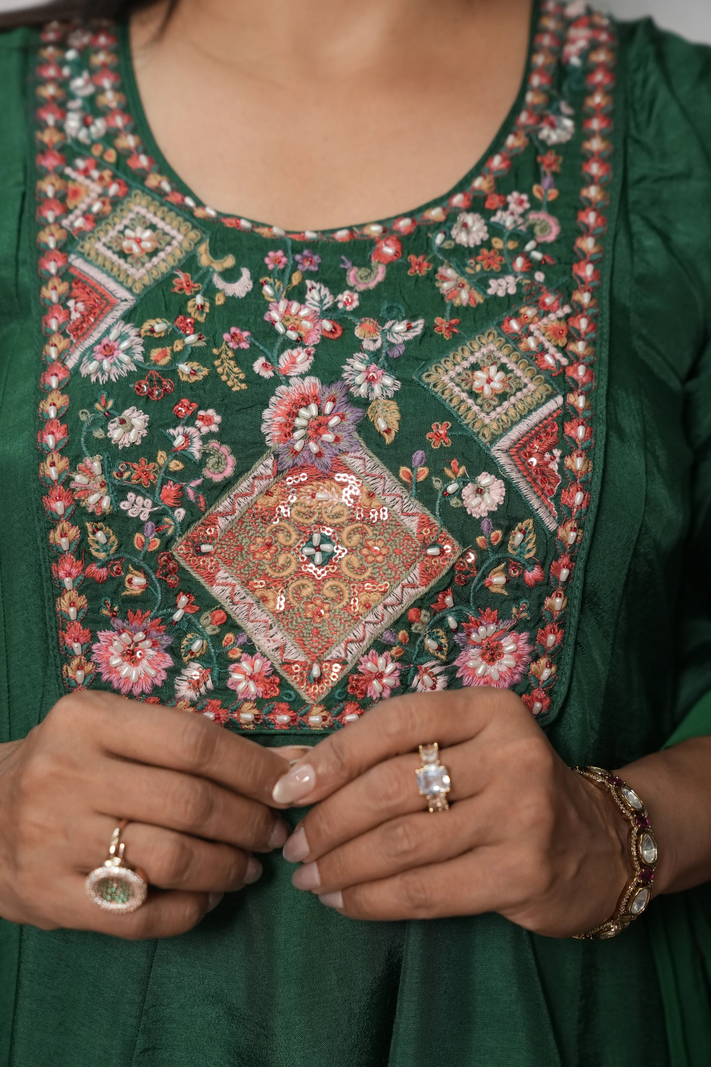 Dark Green Soft Silk Choga Set A-Line Kurta Dupatta | Pearl & Thread Embroidery