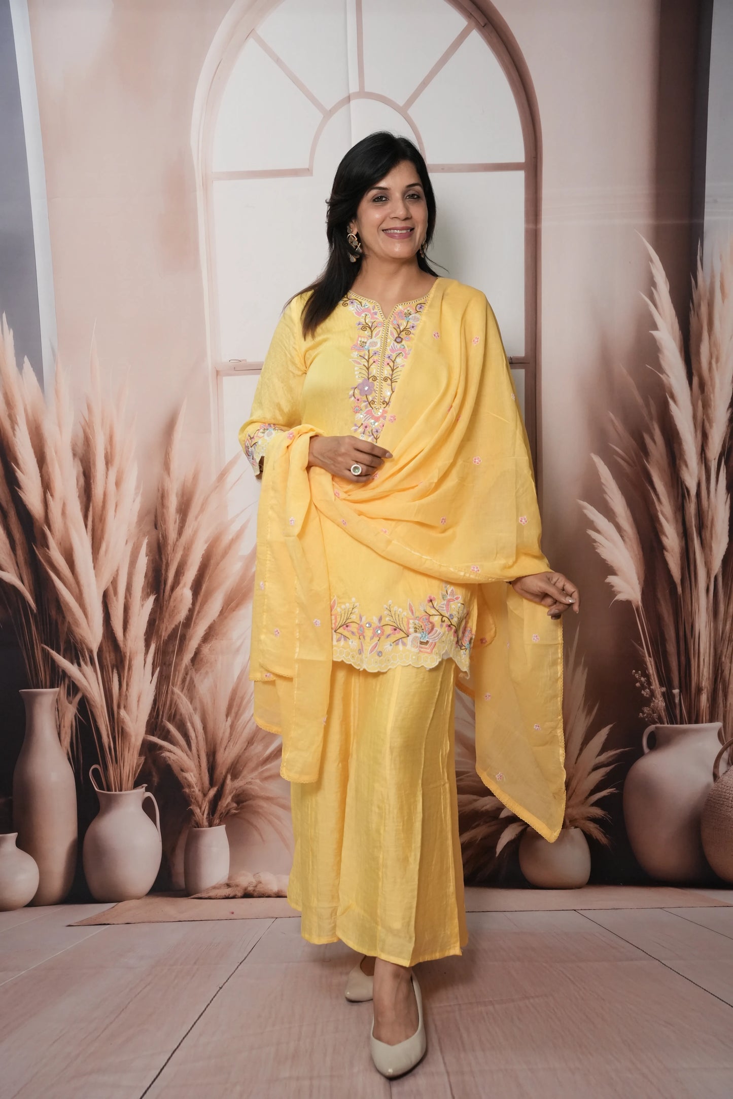 Butter Yellow Soft Silk Short Kurta Dupatta Plazo Set | Cut Work & Sequin Embroidery