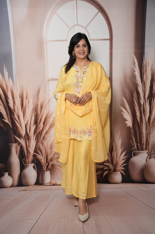 Butter Yellow Soft Silk Short Kurta Dupatta Plazo Set | Cut Work & Sequin Embroidery