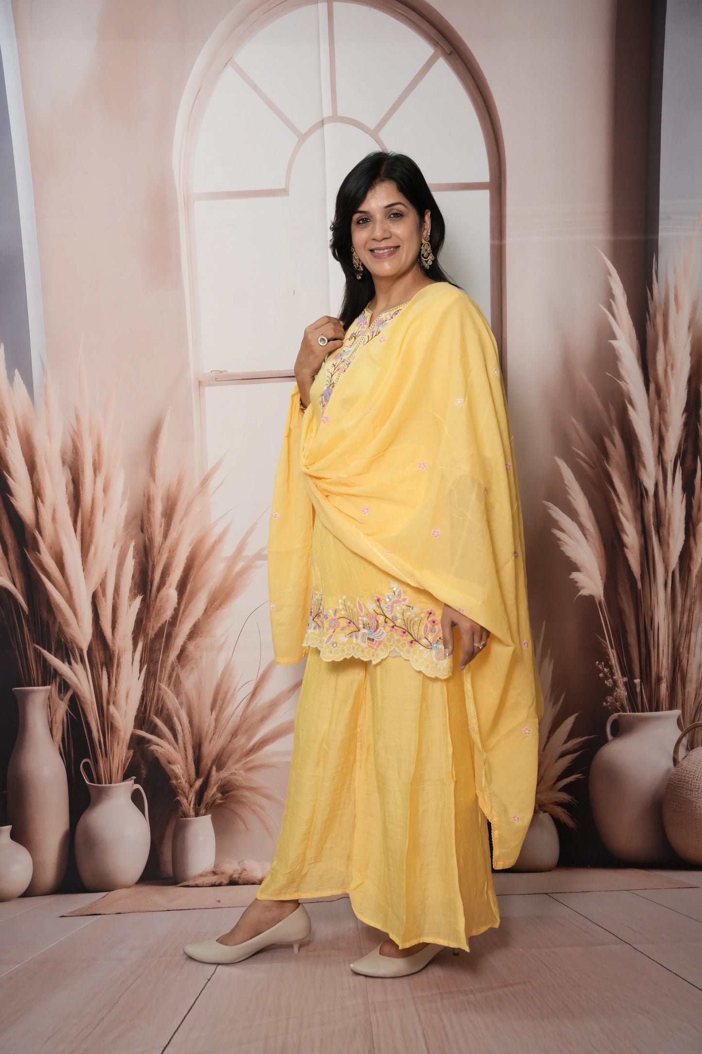 Butter Yellow Soft Silk Short Kurta Dupatta Plazo Set | Cut Work & Sequin Embroidery