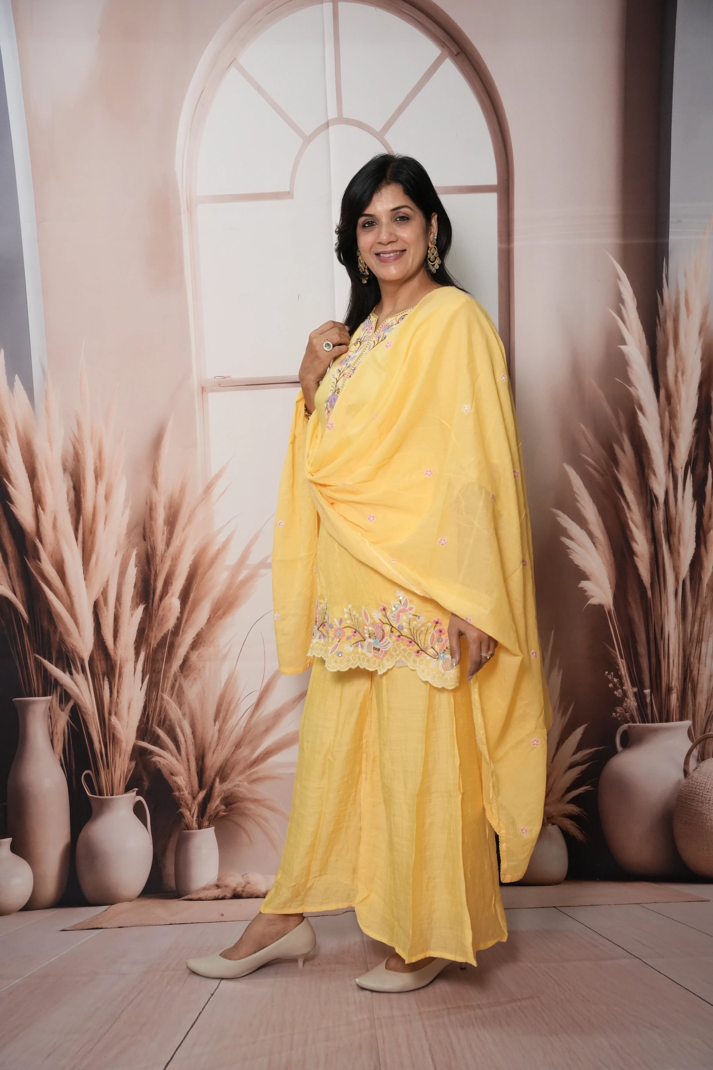 Butter Yellow Soft Silk Short Kurta Dupatta Plazo Set | Cut Work & Sequin Embroidery