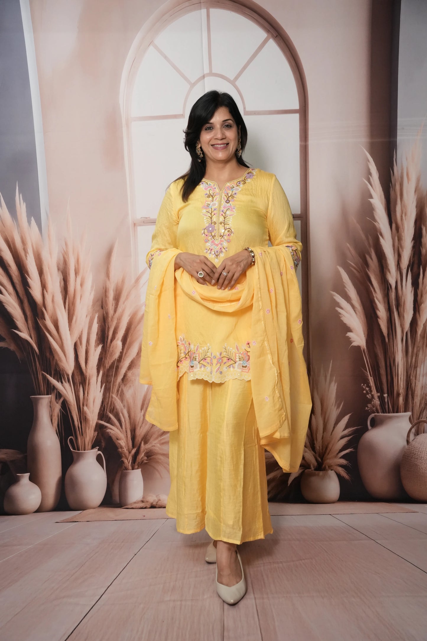 Butter Yellow Soft Silk Short Kurta Dupatta Plazo Set | Cut Work & Sequin Embroidery