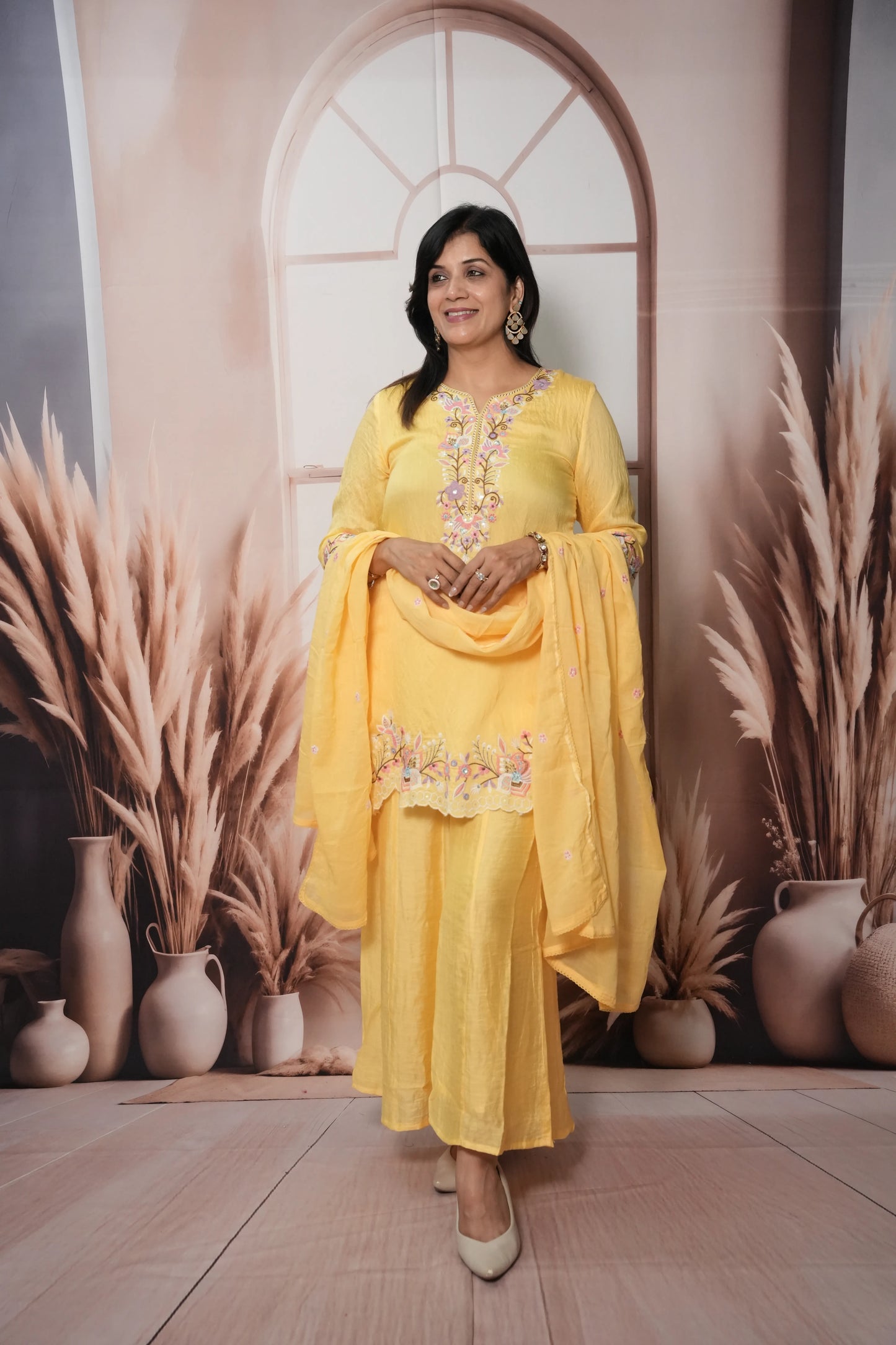 Butter Yellow Soft Silk Short Kurta Dupatta Plazo Set | Cut Work & Sequin Embroidery