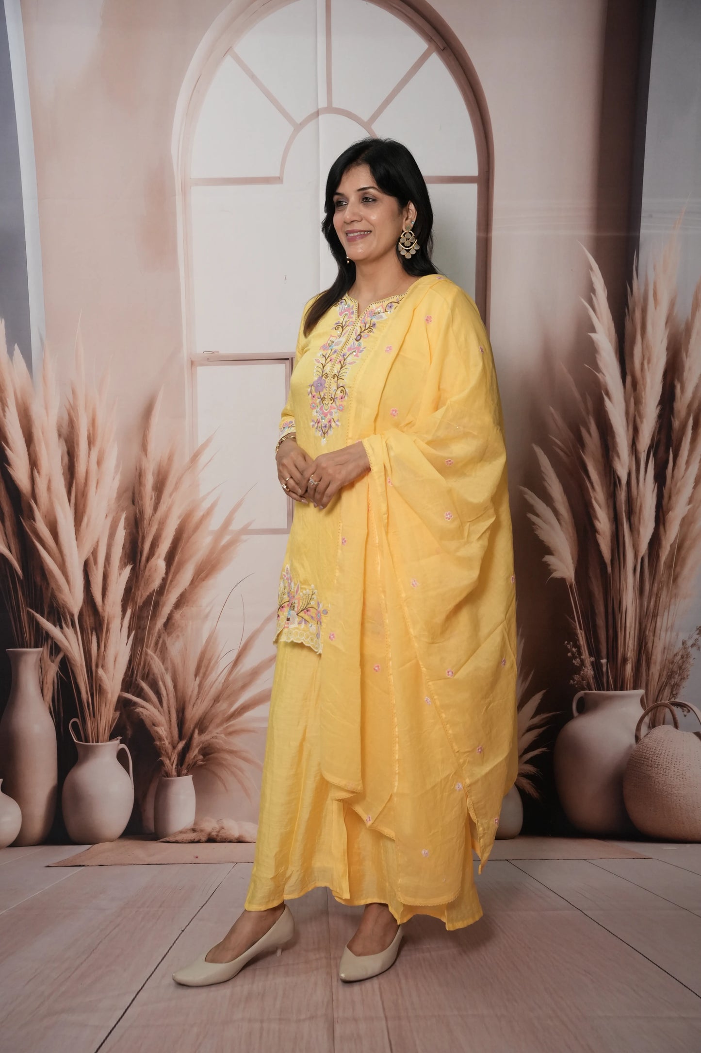 Butter Yellow Soft Silk Short Kurta Dupatta Plazo Set | Cut Work & Sequin Embroidery