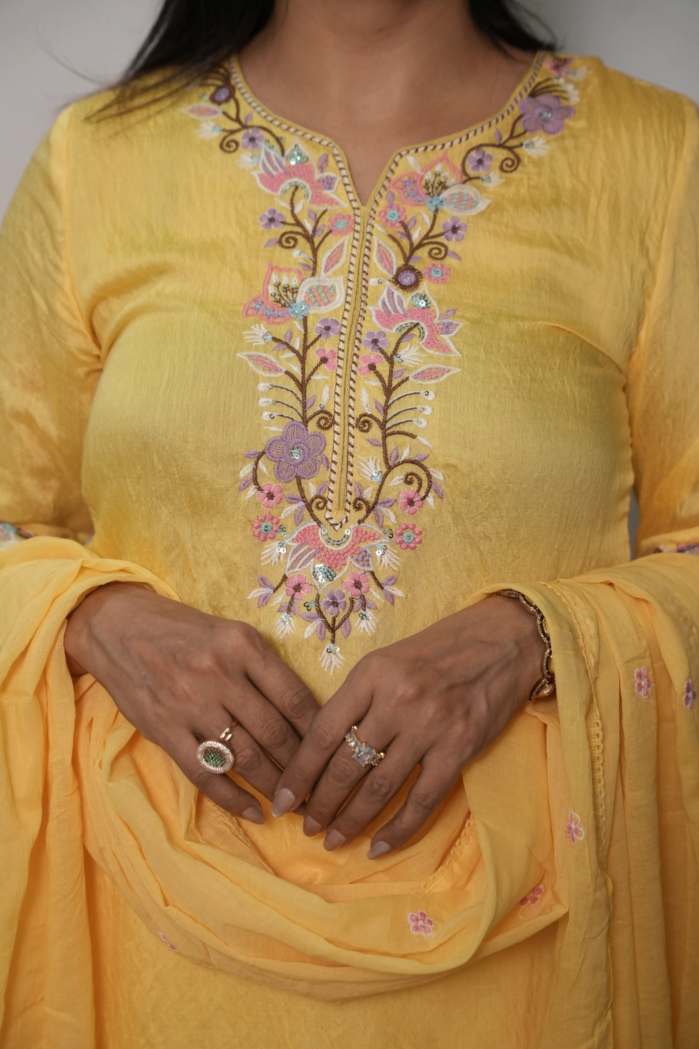 Butter Yellow Soft Silk Short Kurta Dupatta Plazo Set | Cut Work & Sequin Embroidery