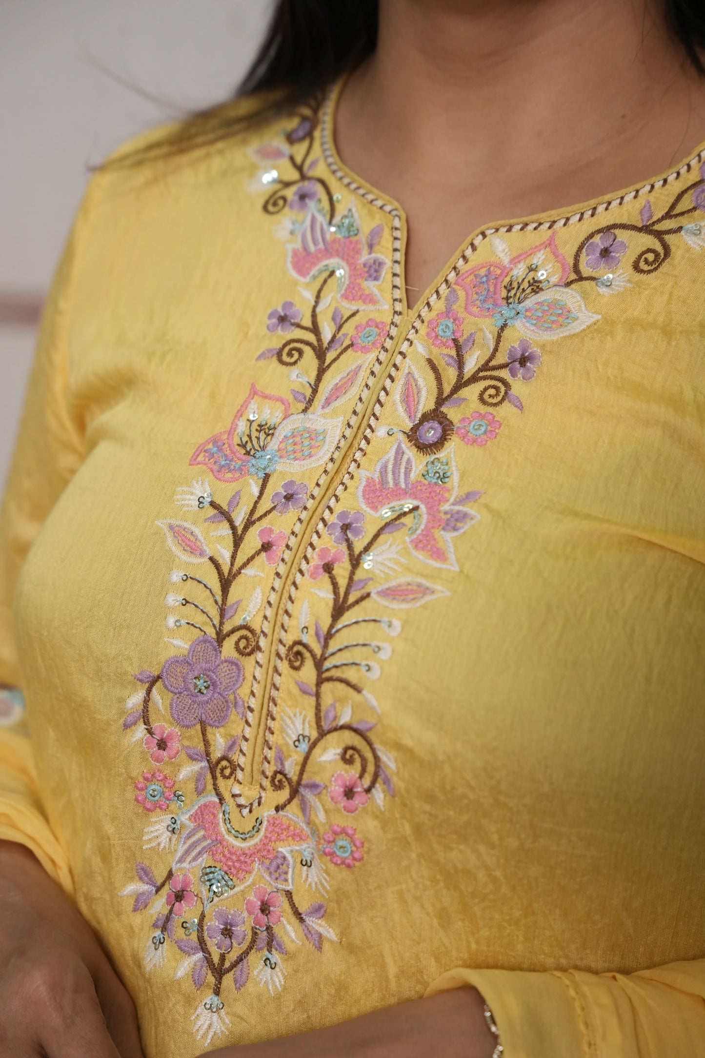 Butter Yellow Soft Silk Short Kurta Dupatta Plazo Set | Cut Work & Sequin Embroidery