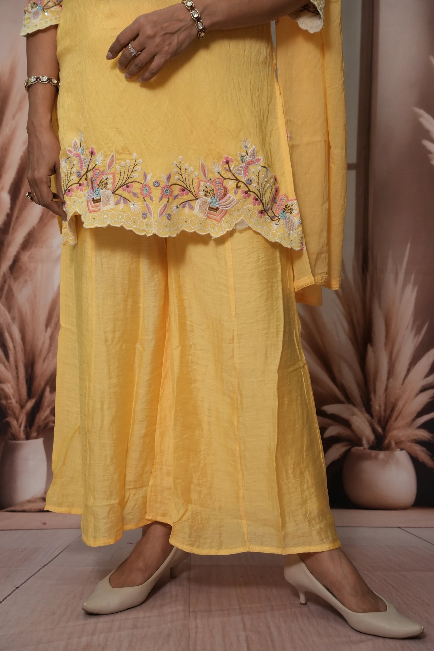 Butter Yellow Soft Silk Short Kurta Dupatta Plazo Set | Cut Work & Sequin Embroidery