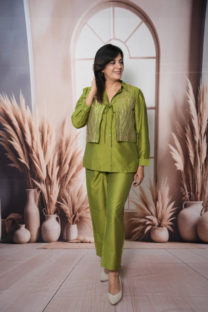 Olive Green Muslin Silk Shirt with Koti Co'ord Set | Sequin Embroidery Ethnic Wear