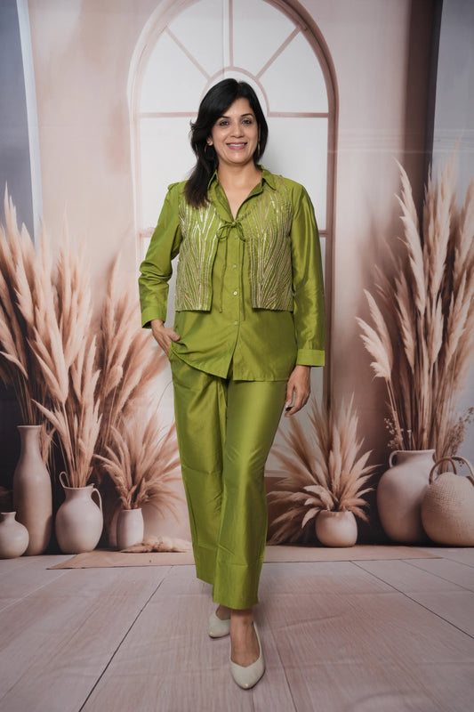 Olive Green Muslin Silk Shirt with Koti Co'ord Set | Sequin Embroidery Ethnic Wear