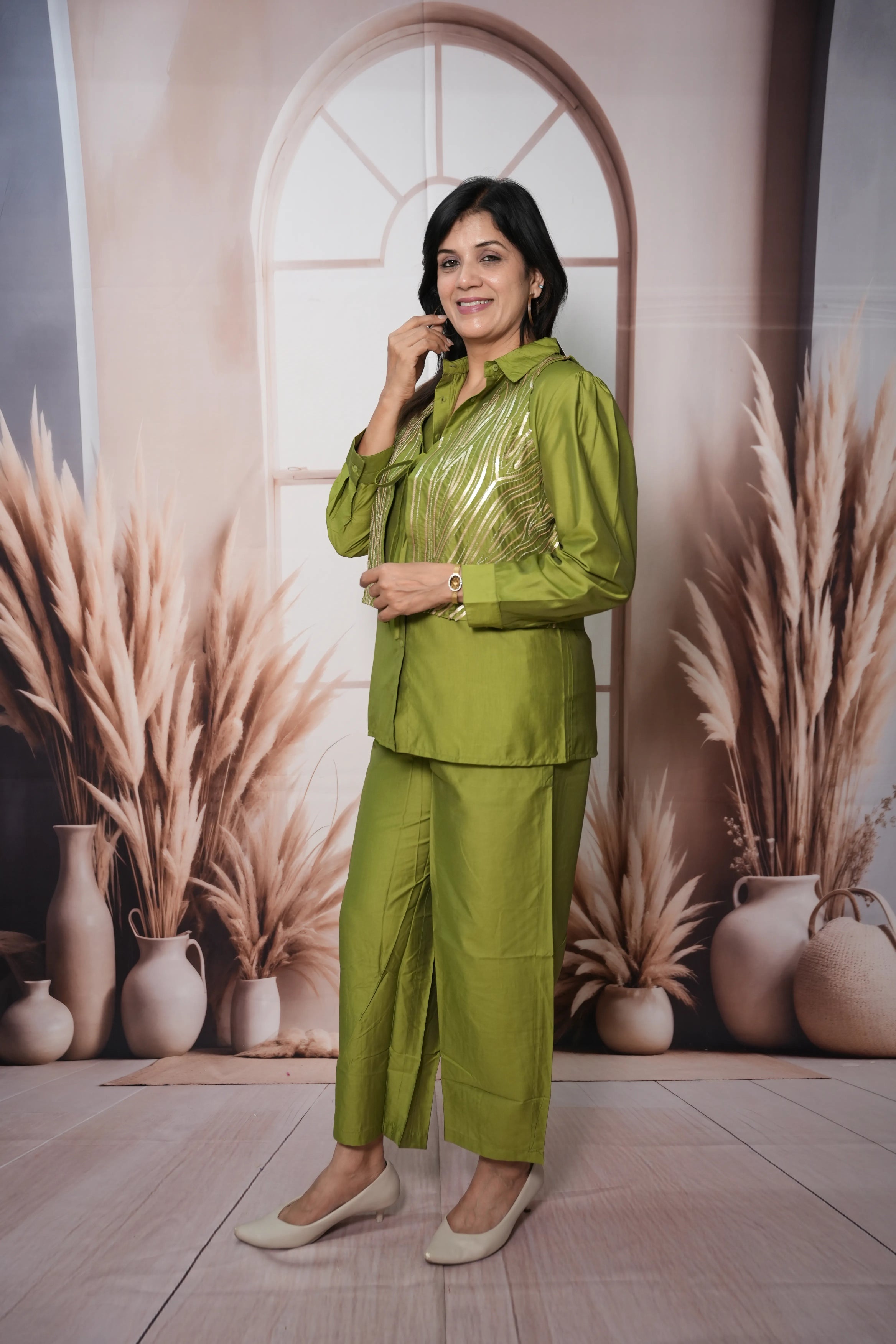 Olive Green Muslin Silk Shirt with Koti Co'ord Set | Sequin Embroidery Ethnic Wear