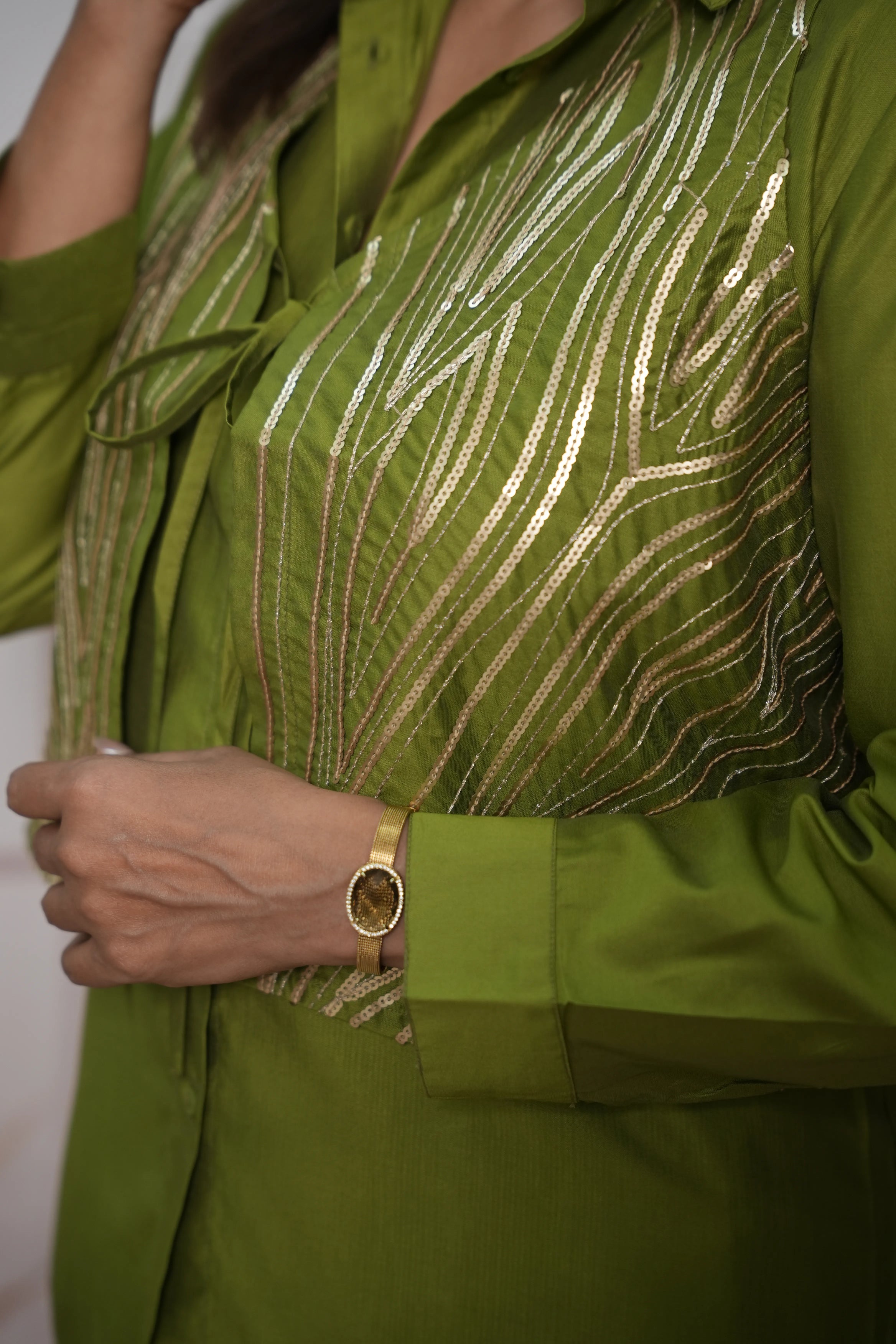 Olive Green Muslin Silk Shirt with Koti Co'ord Set | Sequin Embroidery Ethnic Wear