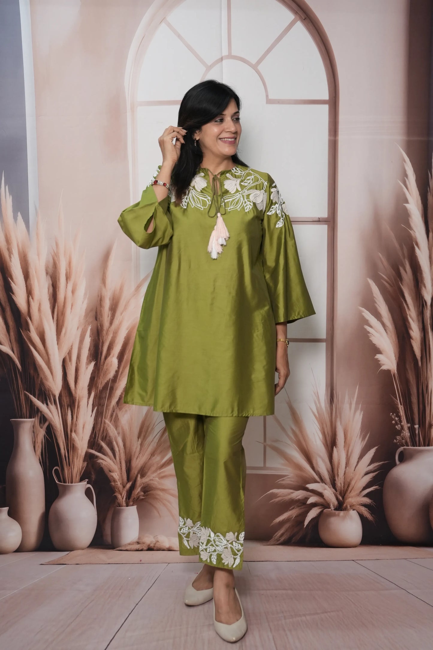 Olive Green Muslin Silk Co'ord Set with Thread Embroidery | Elegant Festive Wear