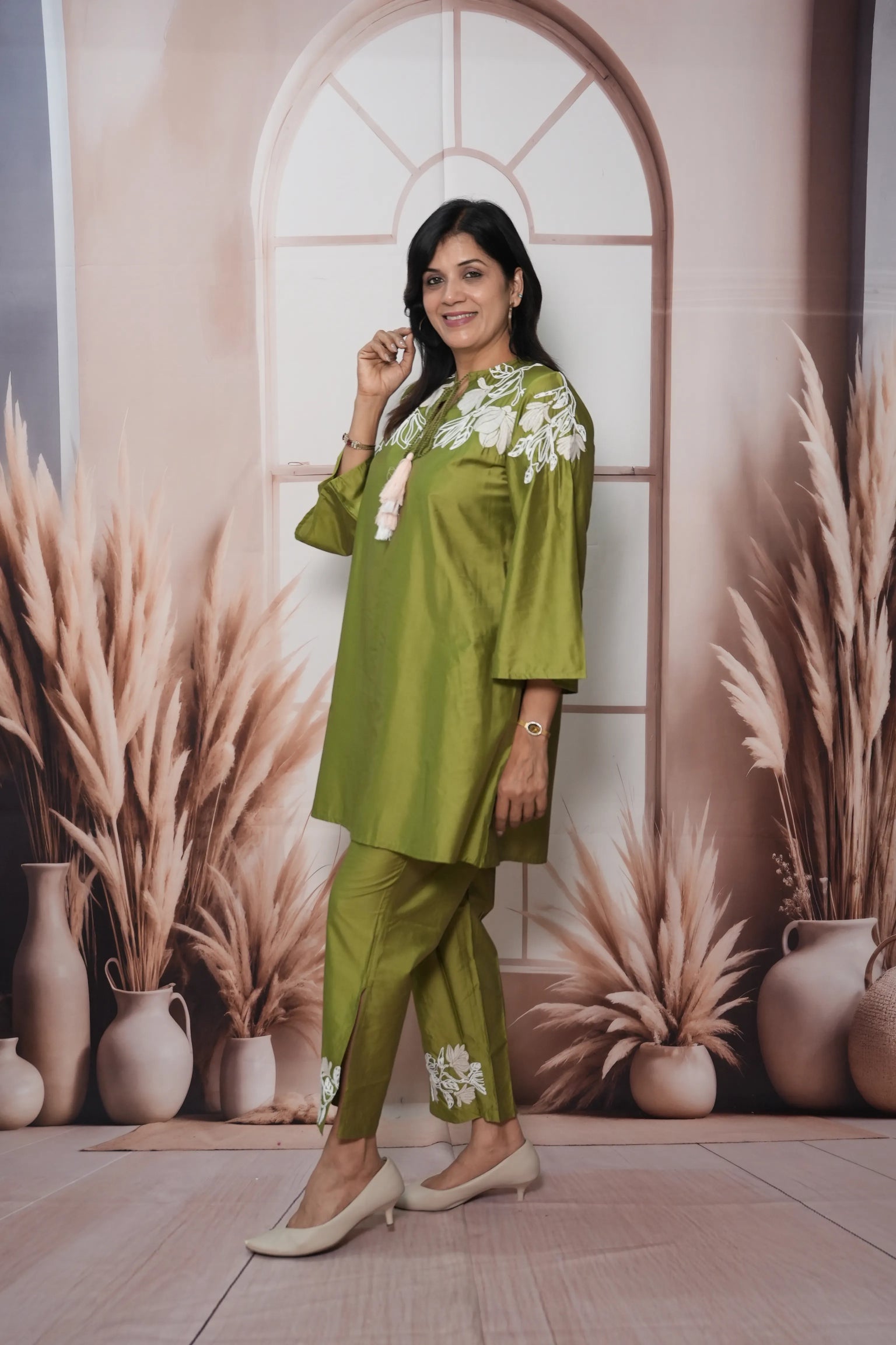 Olive Green Muslin Silk Co'ord Set with Thread Embroidery | Elegant Festive Wear