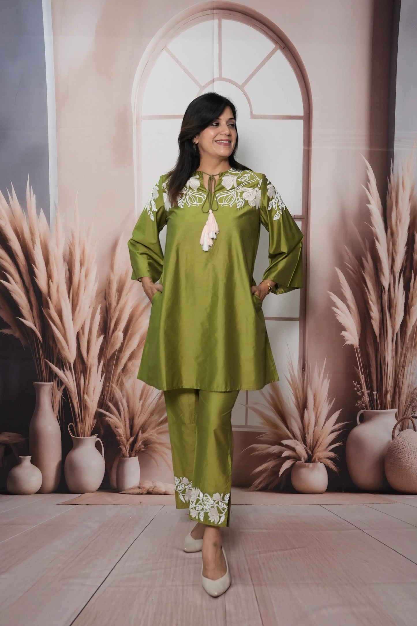 Olive Green Muslin Silk Co'ord Set with Thread Embroidery | Elegant Festive Wear