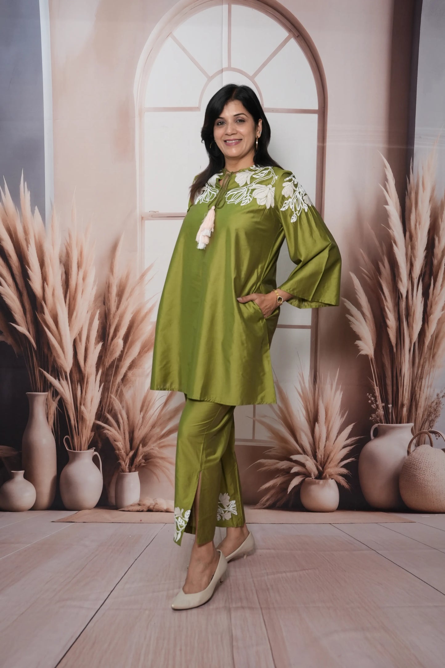 Olive Green Muslin Silk Co'ord Set with Thread Embroidery | Elegant Festive Wear