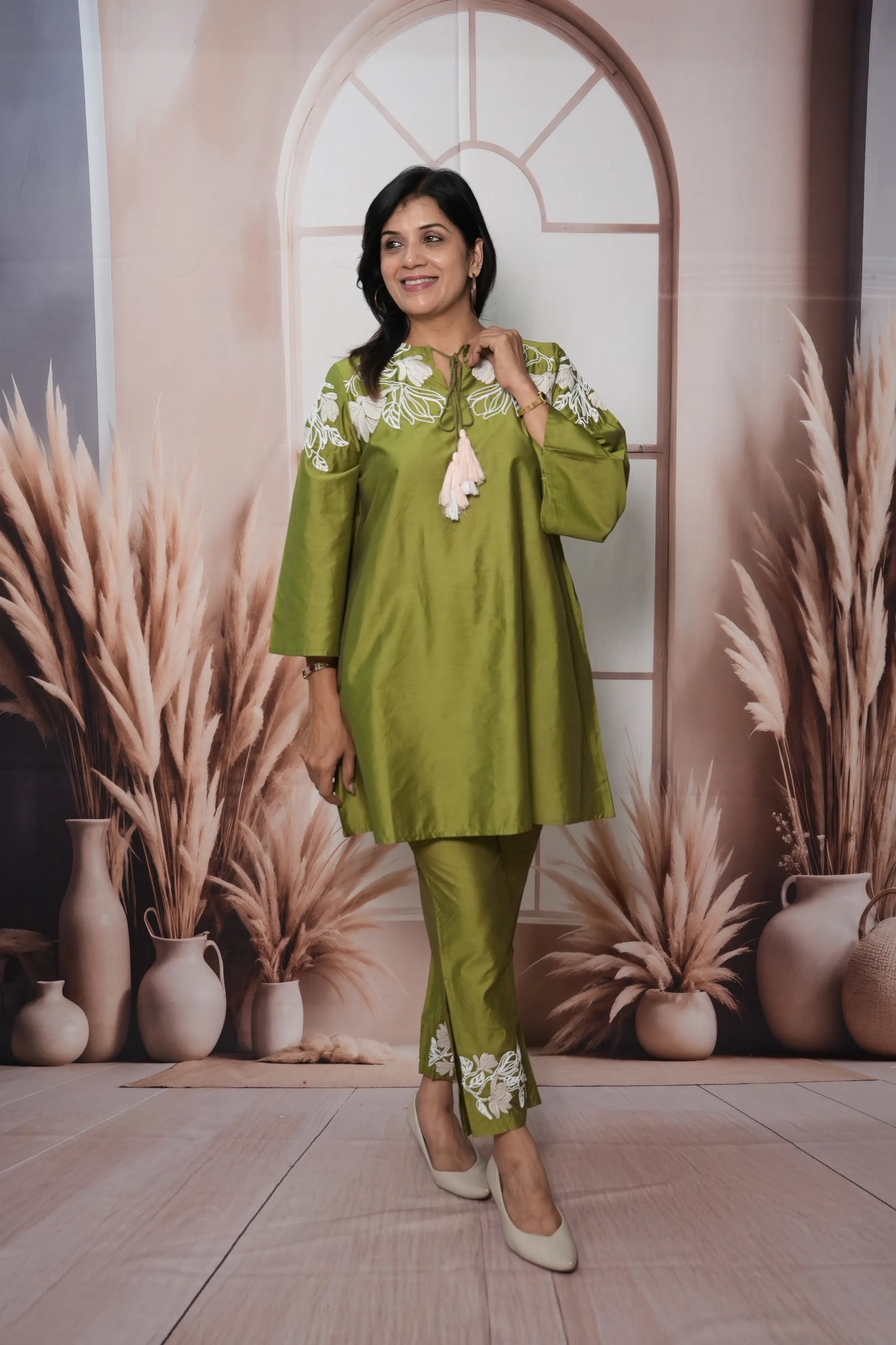Olive Green Muslin Silk Co'ord Set with Thread Embroidery | Elegant Festive Wear