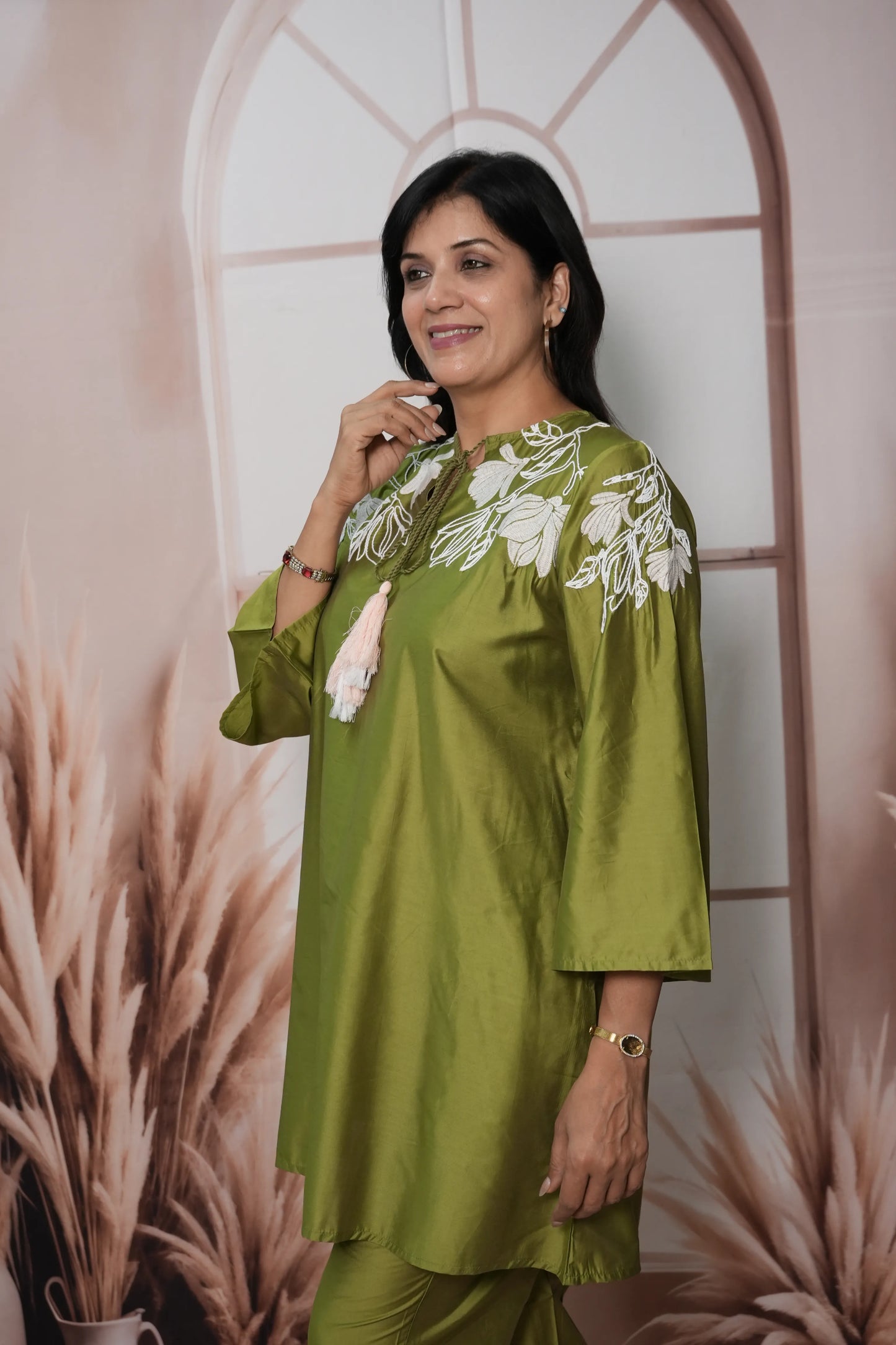 Olive Green Muslin Silk Co'ord Set with Thread Embroidery | Elegant Festive Wear