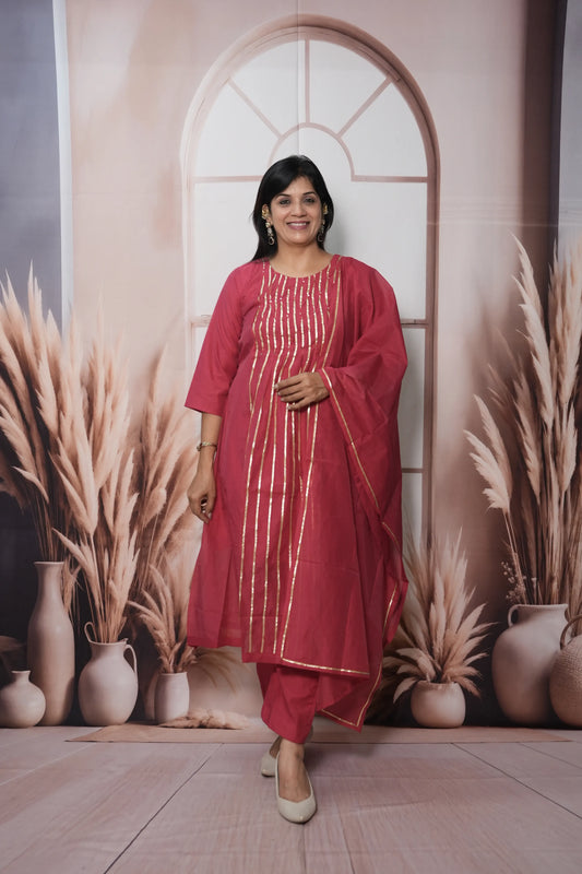 Claret Pink Mul Chanderi A-Line Kurta Dupatta Set | Gota & Sequin Work