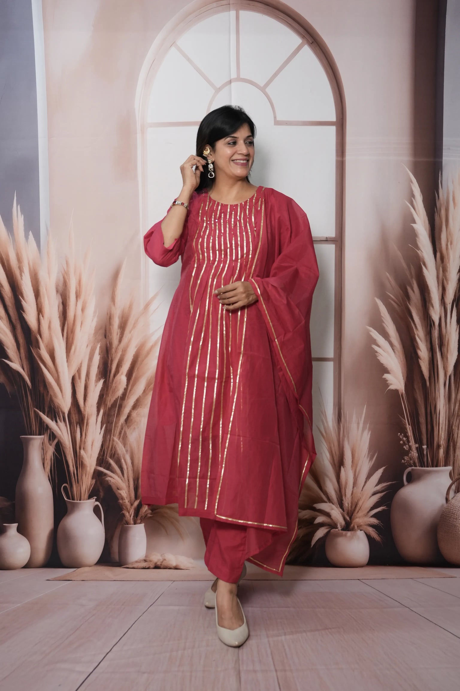Claret Pink Mul Chanderi A-Line Kurta Dupatta Set | Gota & Sequin Work
