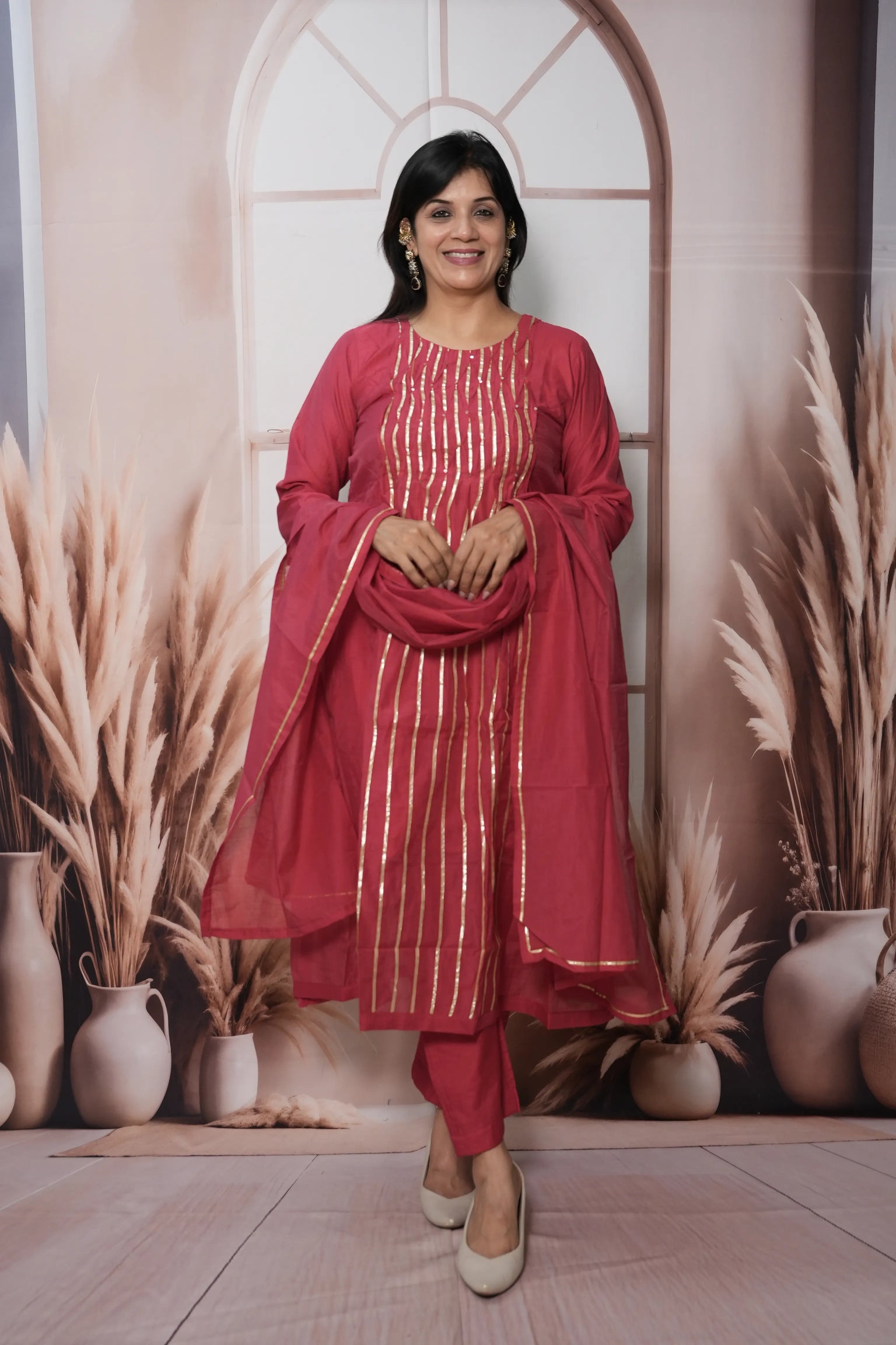 Claret Pink Mul Chanderi A-Line Kurta Dupatta Set | Gota & Sequin Work