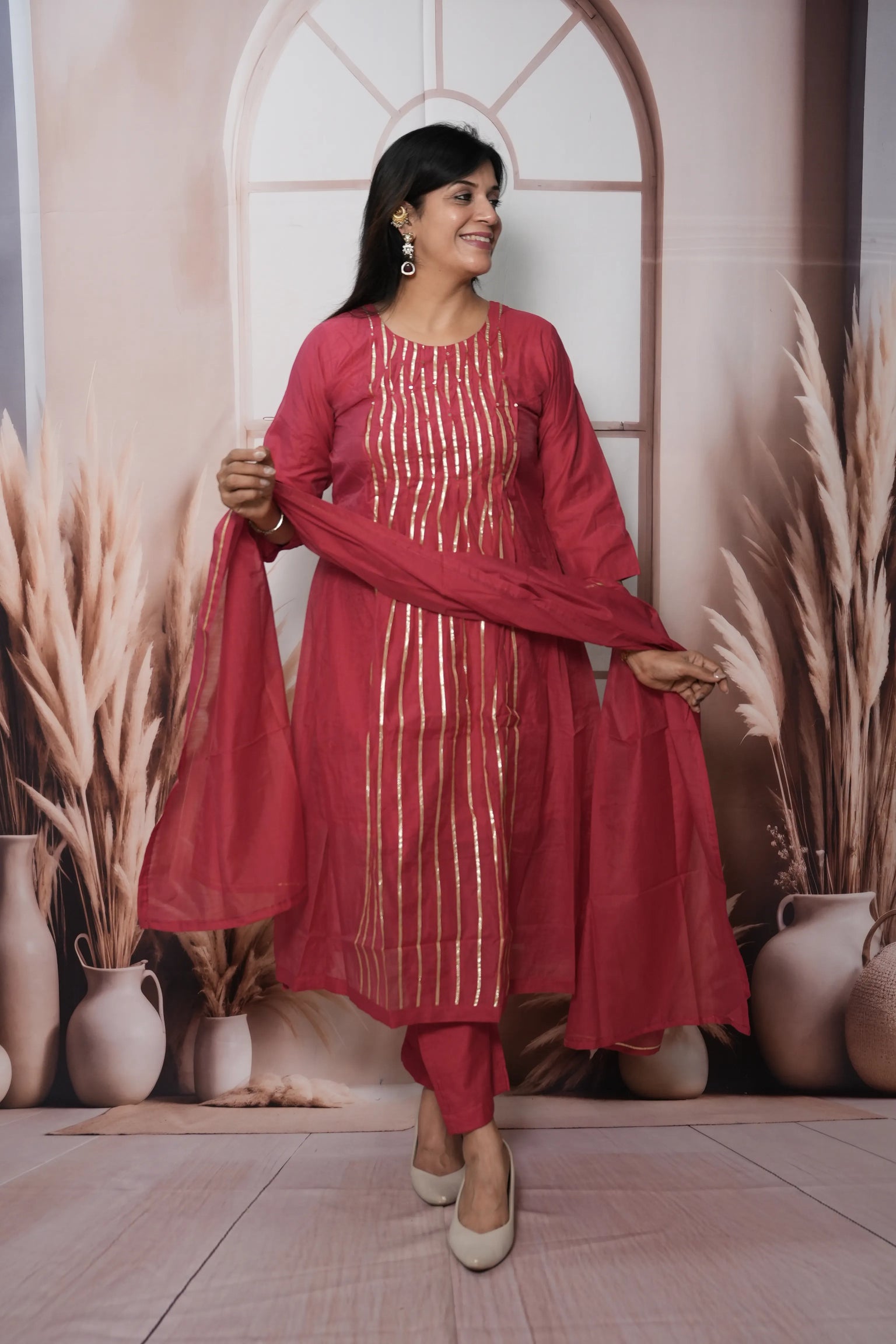 Claret Pink Mul Chanderi A-Line Kurta Dupatta Set | Gota & Sequin Work