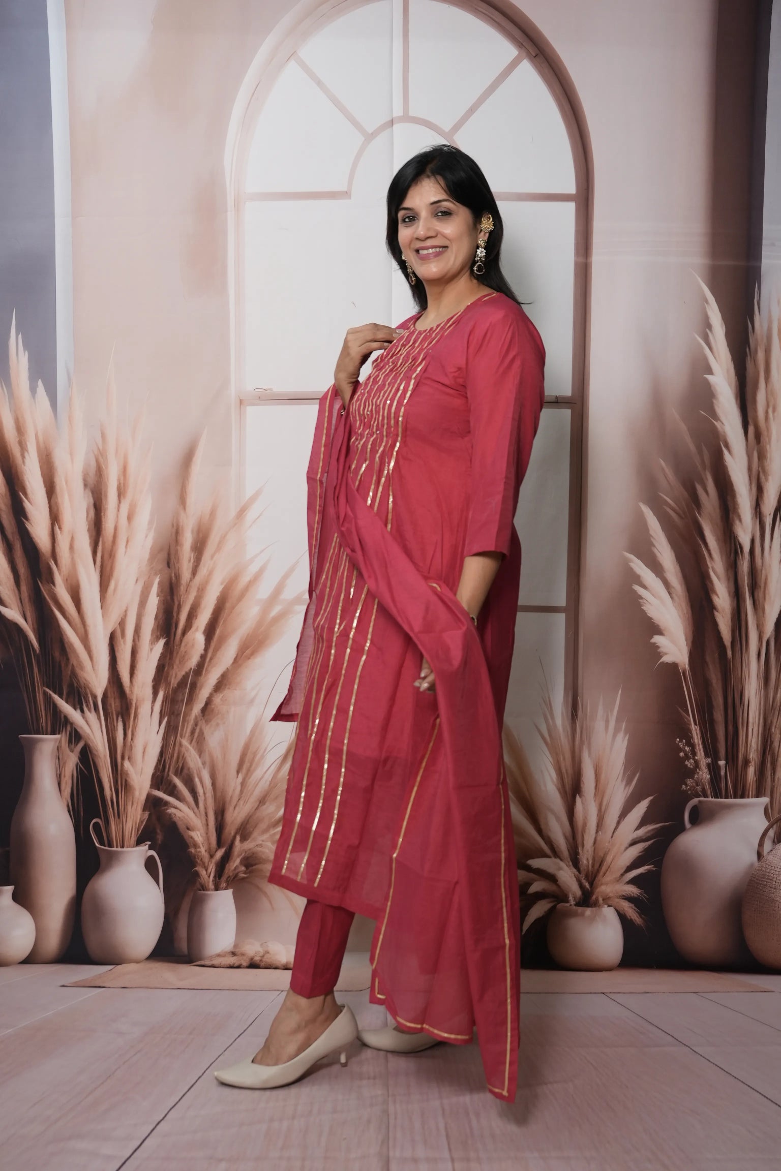 Claret Pink Mul Chanderi A-Line Kurta Dupatta Set | Gota & Sequin Work