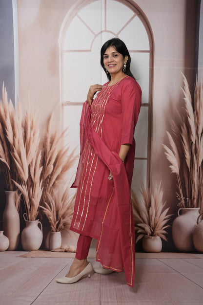 Claret Pink Mul Chanderi A-Line Kurta Dupatta Set | Gota & Sequin Work