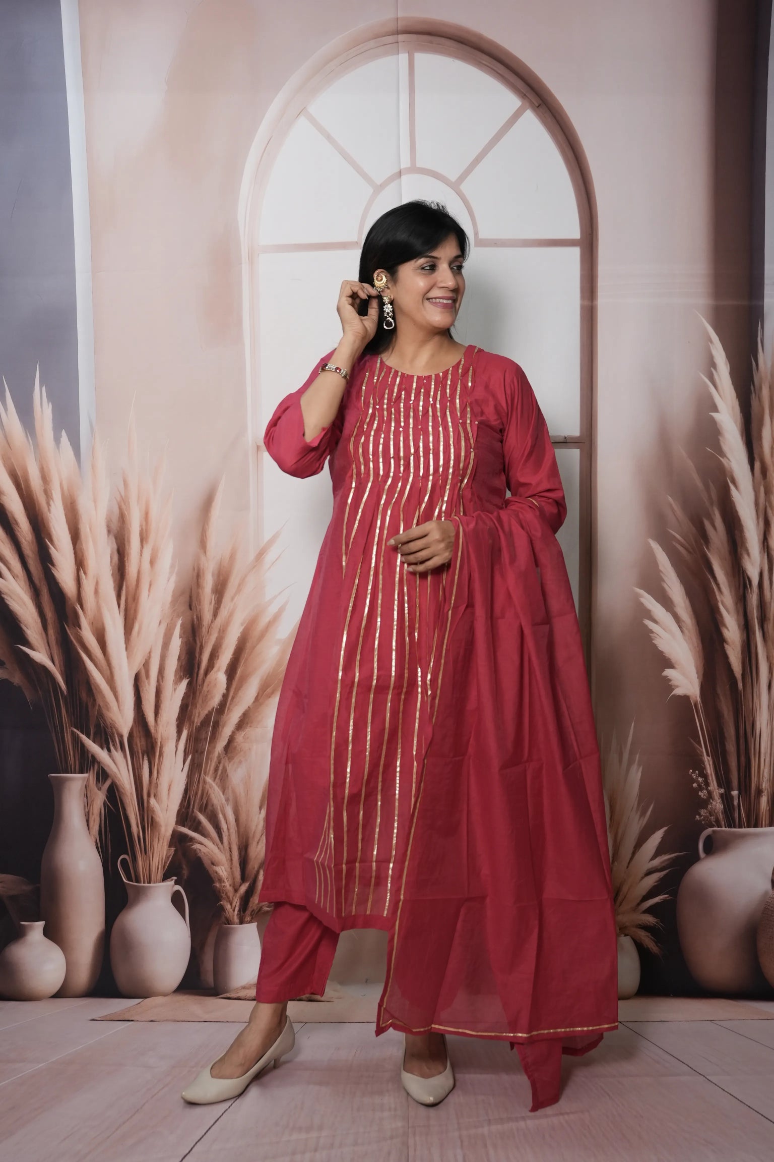 Claret Pink Mul Chanderi A-Line Kurta Dupatta Set | Gota & Sequin Work