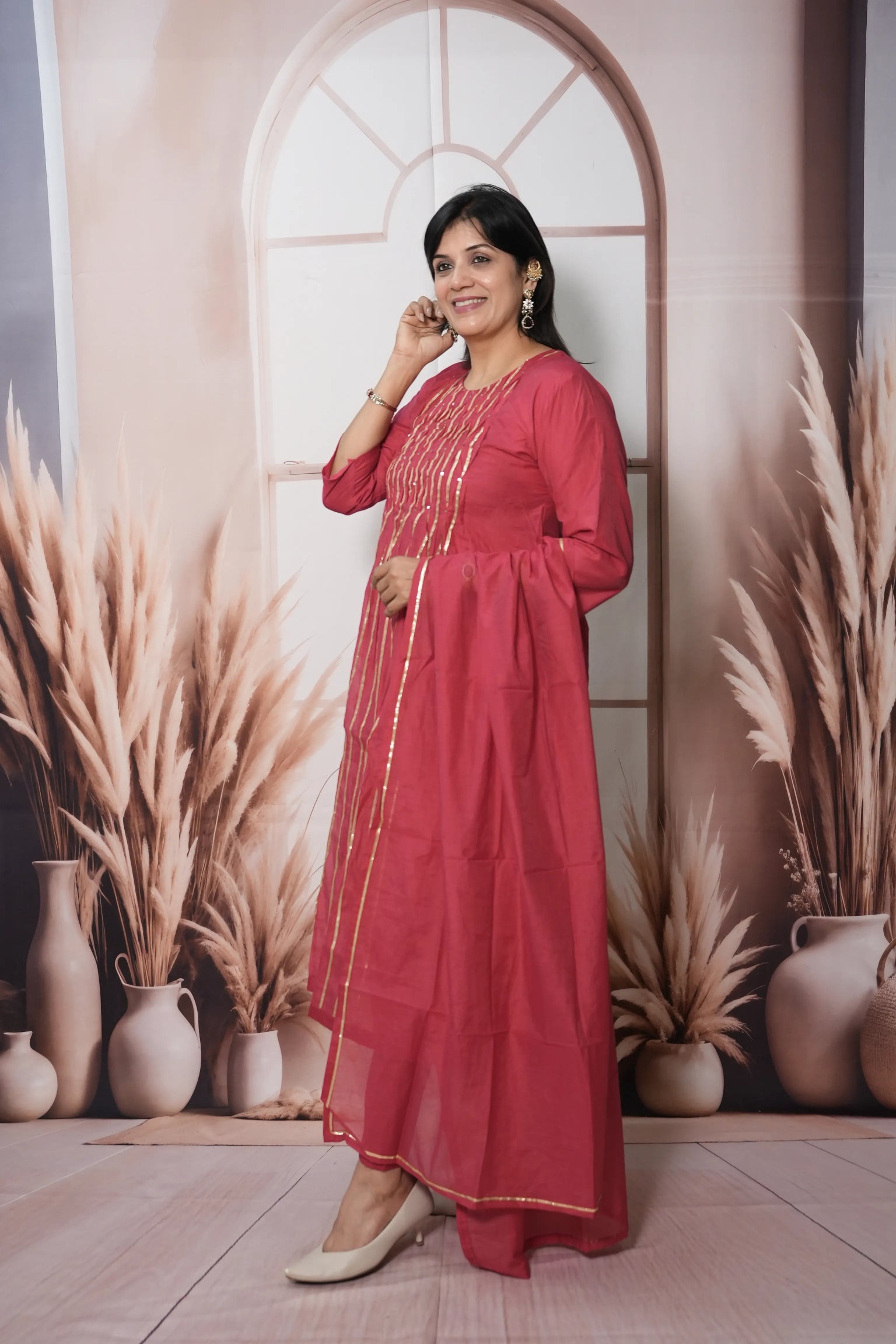 Claret Pink Mul Chanderi A-Line Kurta Dupatta Set | Gota & Sequin Work
