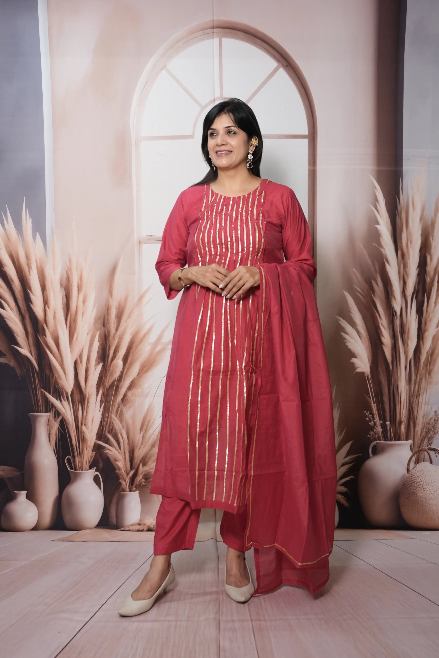 Claret Pink Mul Chanderi A-Line Kurta Dupatta Set | Gota & Sequin Work